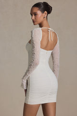 St Germain-Embellished Long-Sleeve Mini Dress in White