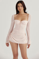Baby-Pink Quartz Chiffon Cutout Halter Mini Dress