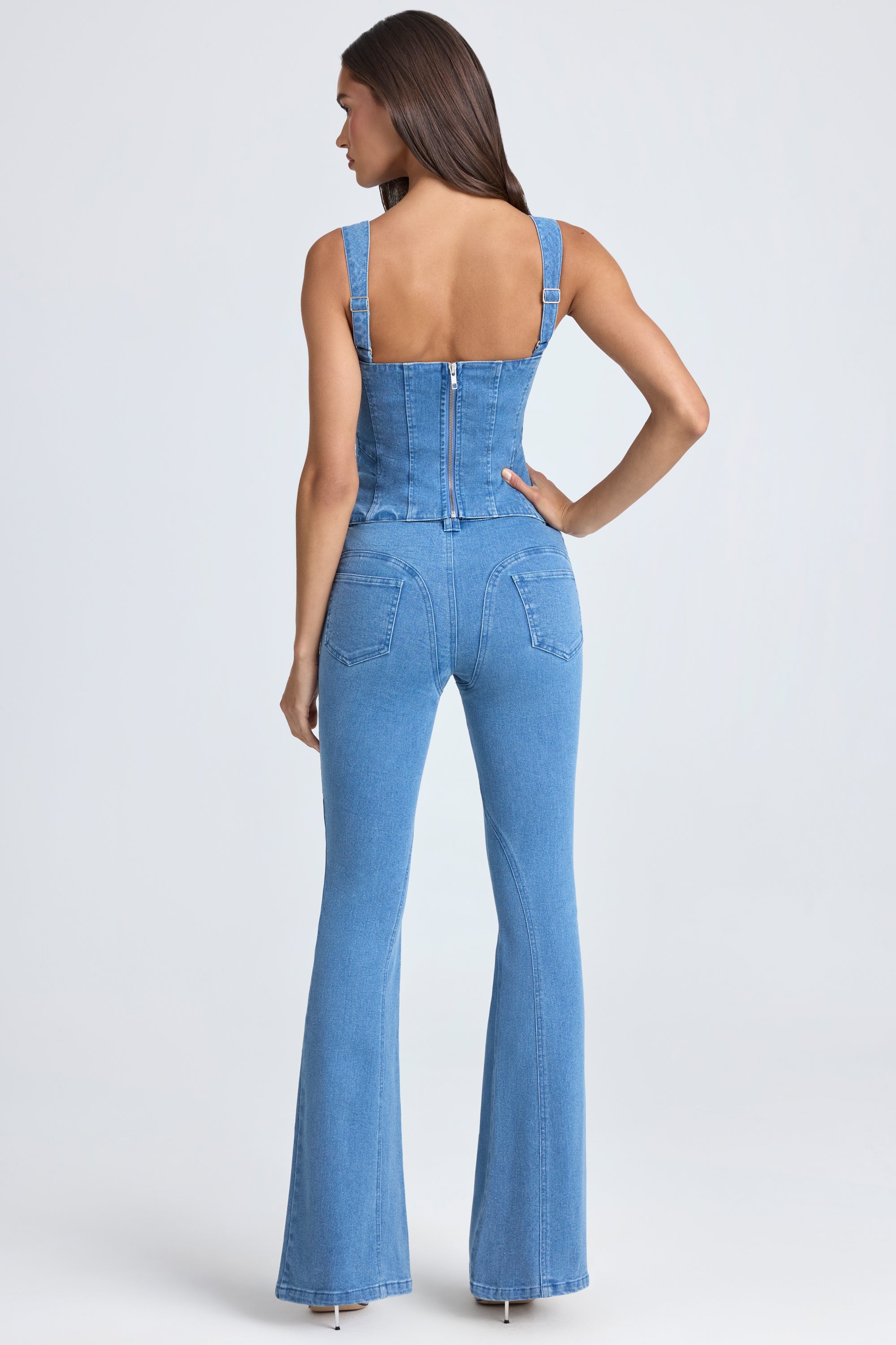 Danna-Lace-Up Corset Top in Mid Blue Stonewash