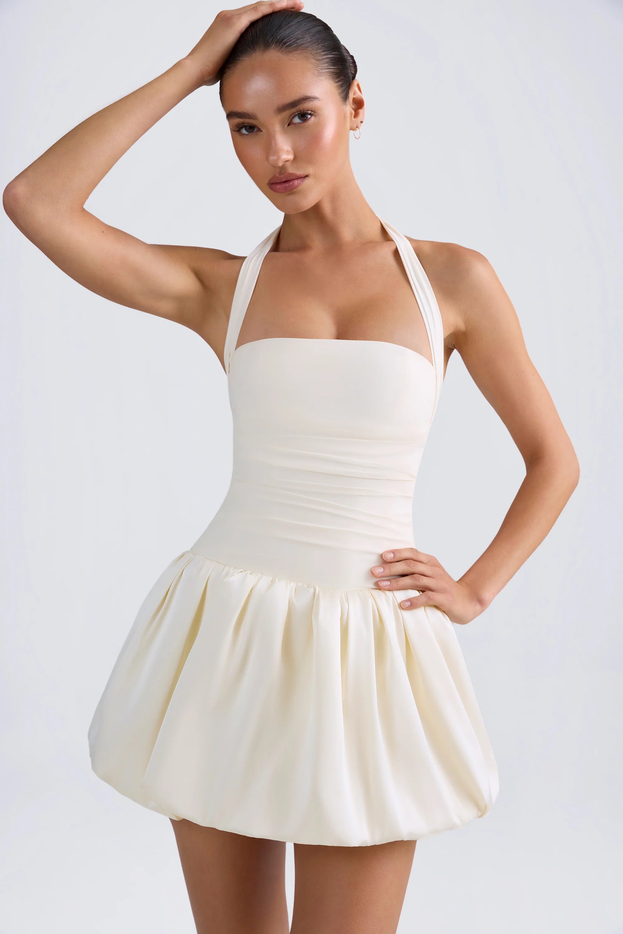 Ludmila-Halterneck Lace-Up Bubble Hem Corset Micro Mini Dress in Ivory
