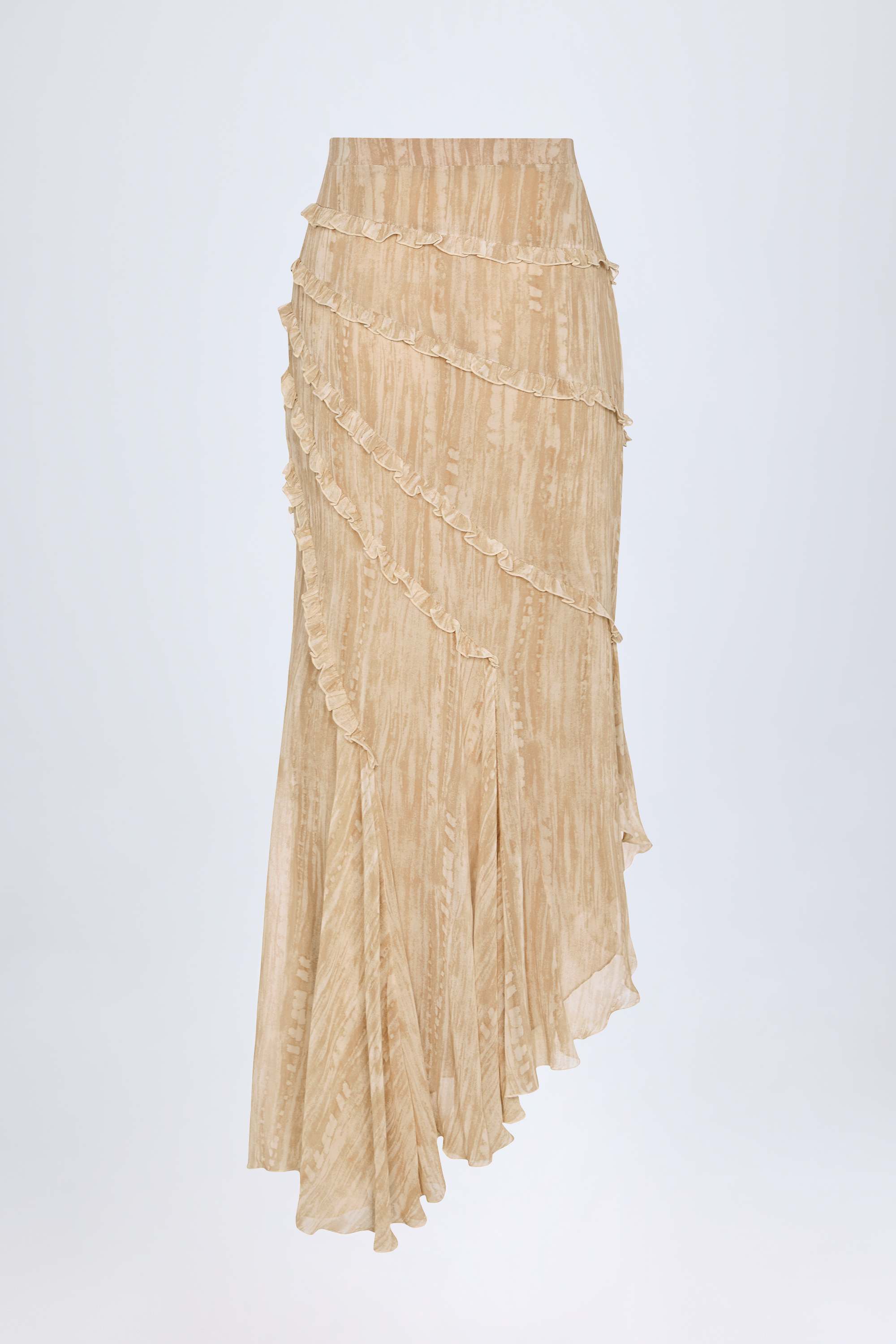 Novina-Ruffled Asymmetric Mid-Rise Maxi Skirt in Tan Print