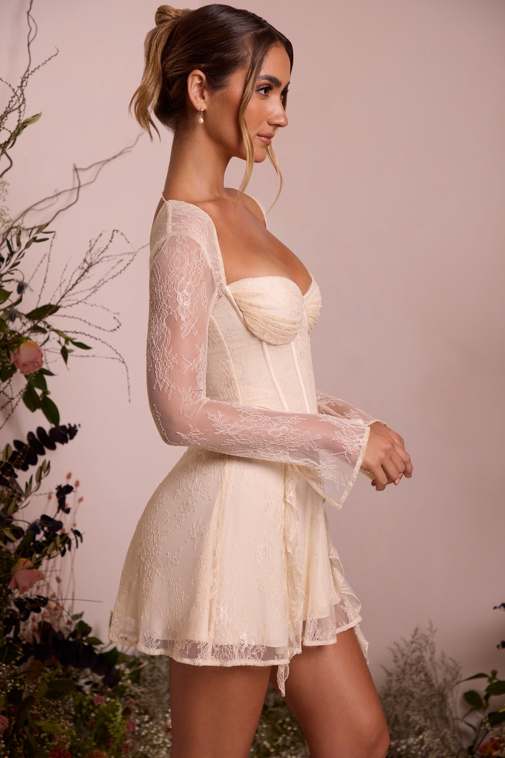 Ninette-Long Sleeve Lace Corset Mini Dress in Ivory