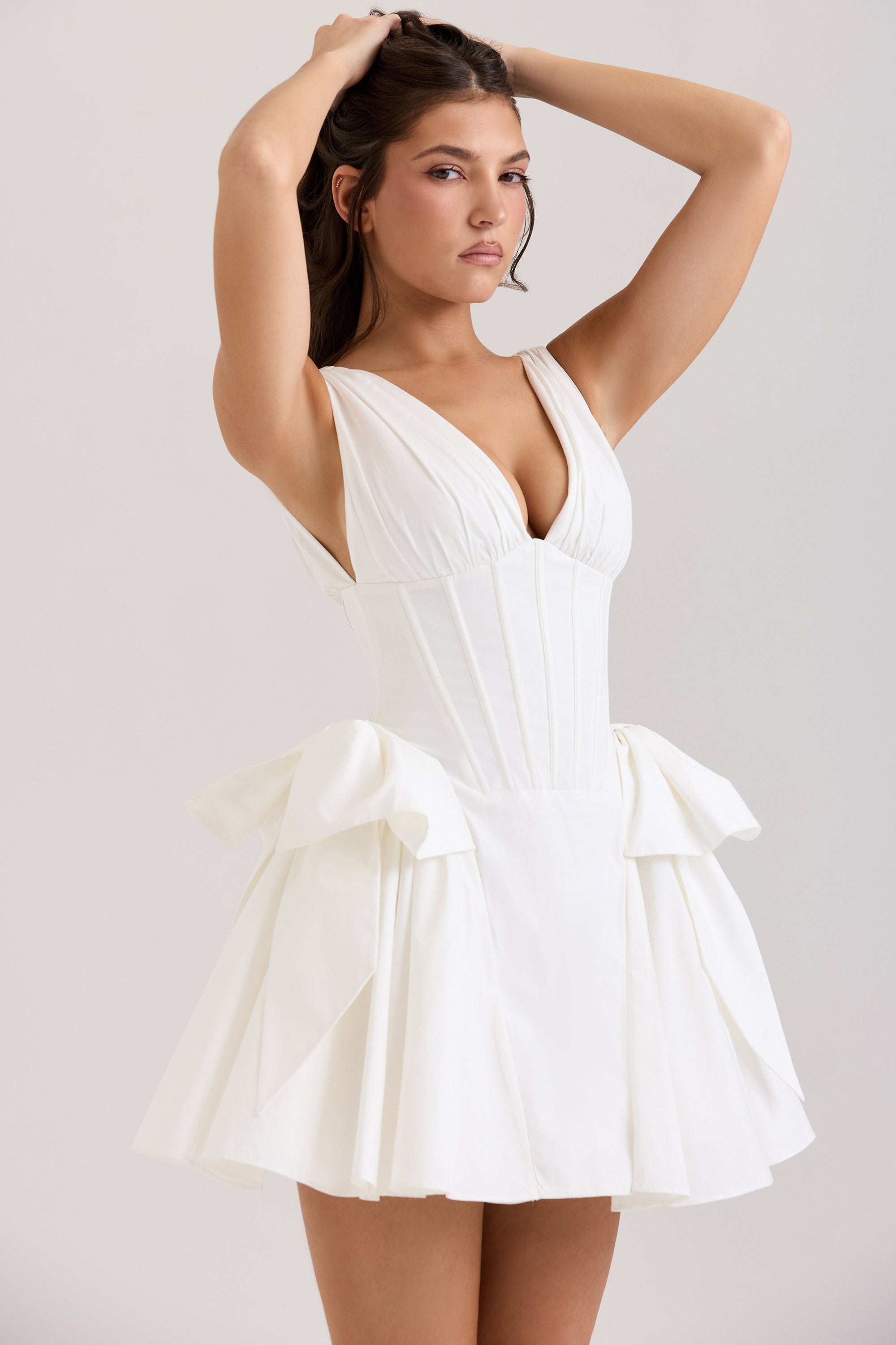 Amalia-White Stretch Cotton Bow Mini Dress