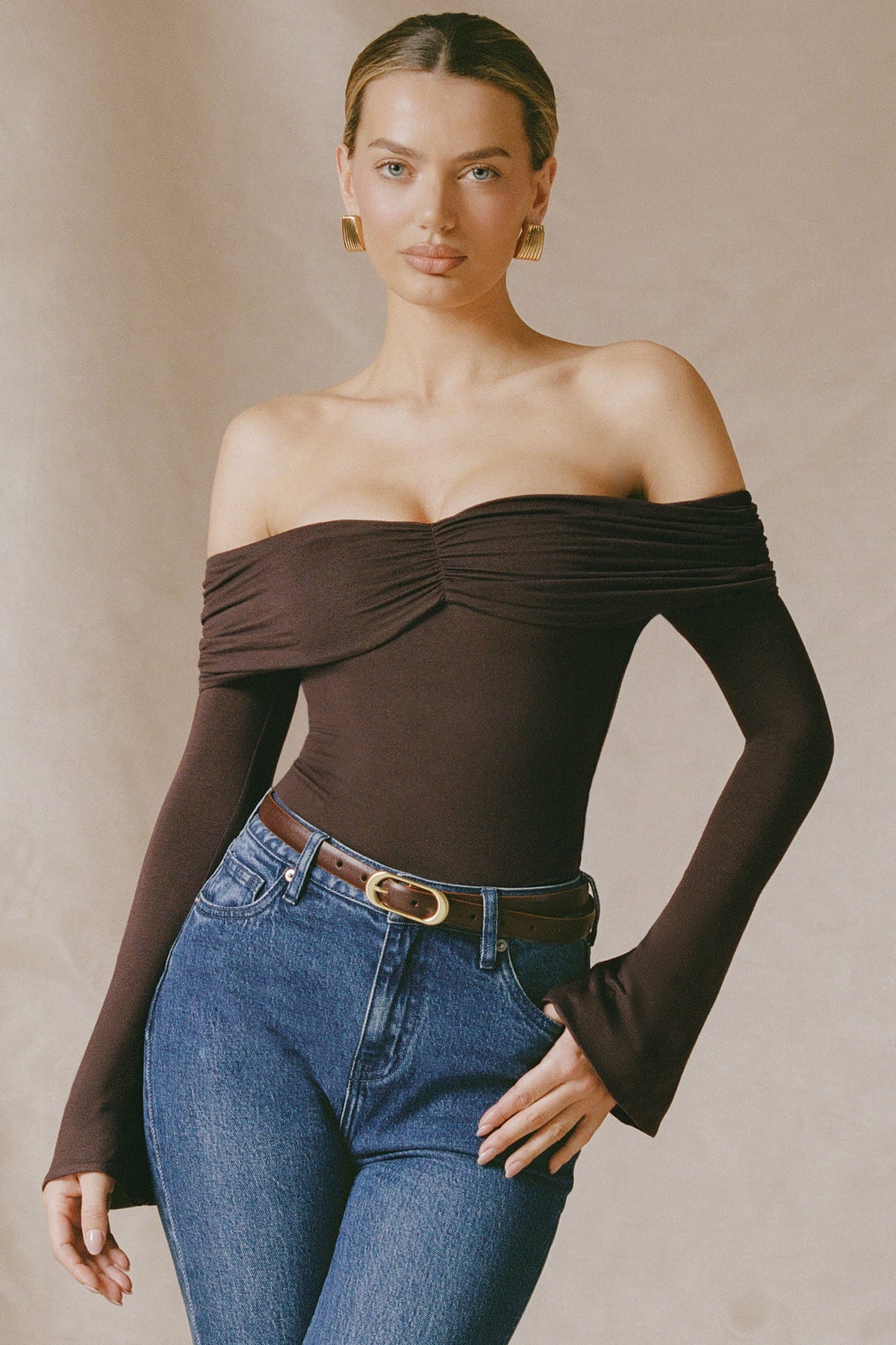 Pavni-Modal-Cashmere Blend Off-Shoulder Ruched Top in Espresso