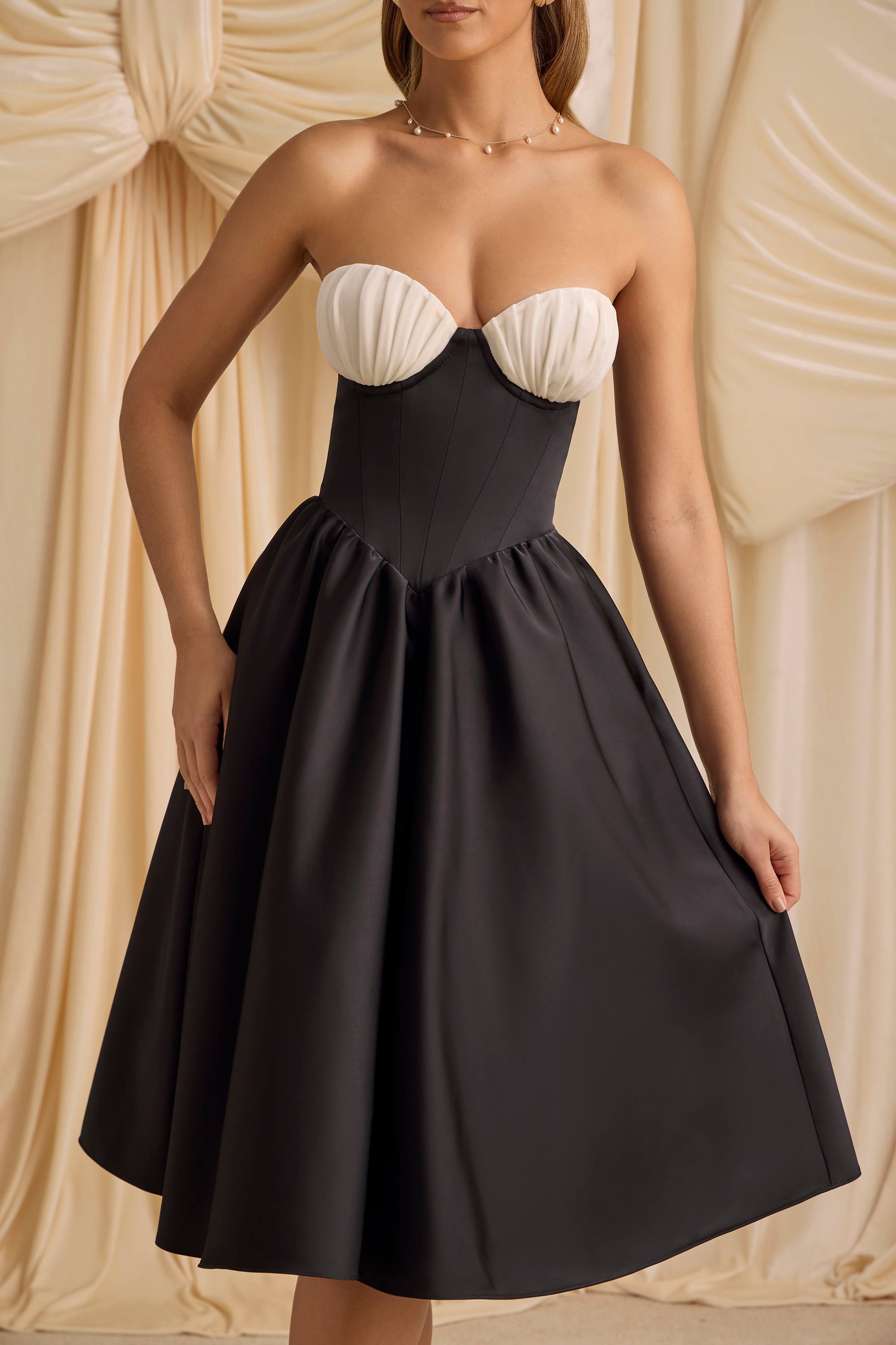 Gabrielle-Strapless Corset Midi Dress in Black