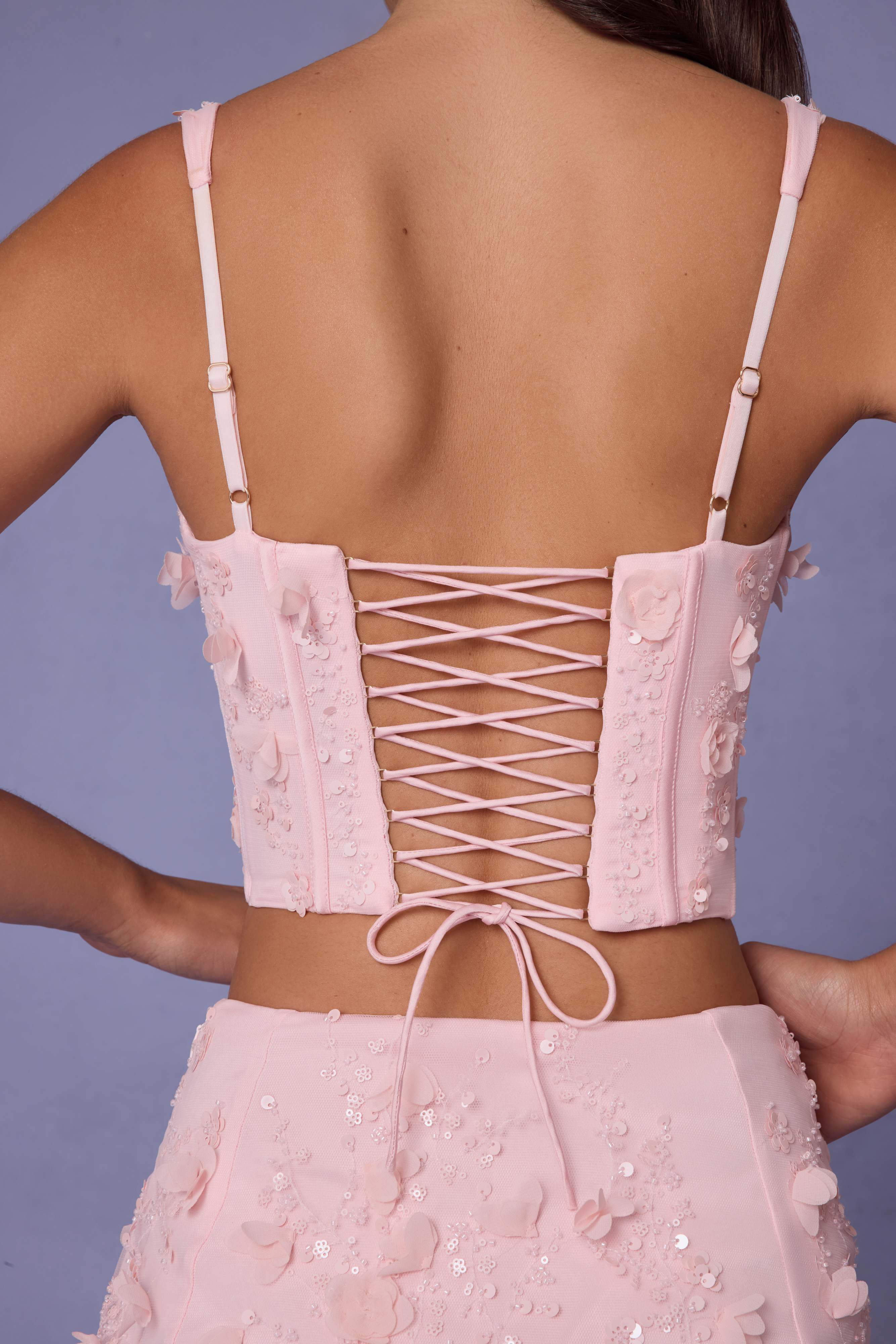 Letitia-Embellished Lace-Up Corset Top in Soft Pink