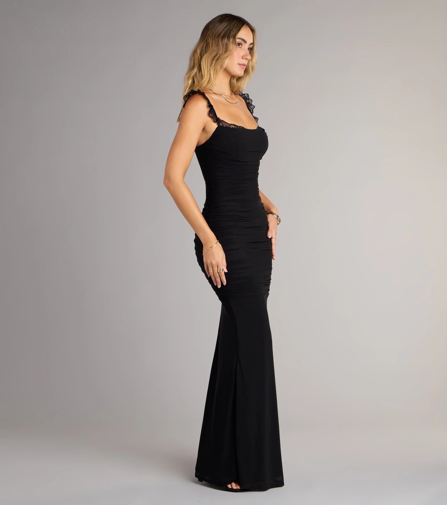 Morgana Lace-Up Ruched Mermaid Dress-BLACK