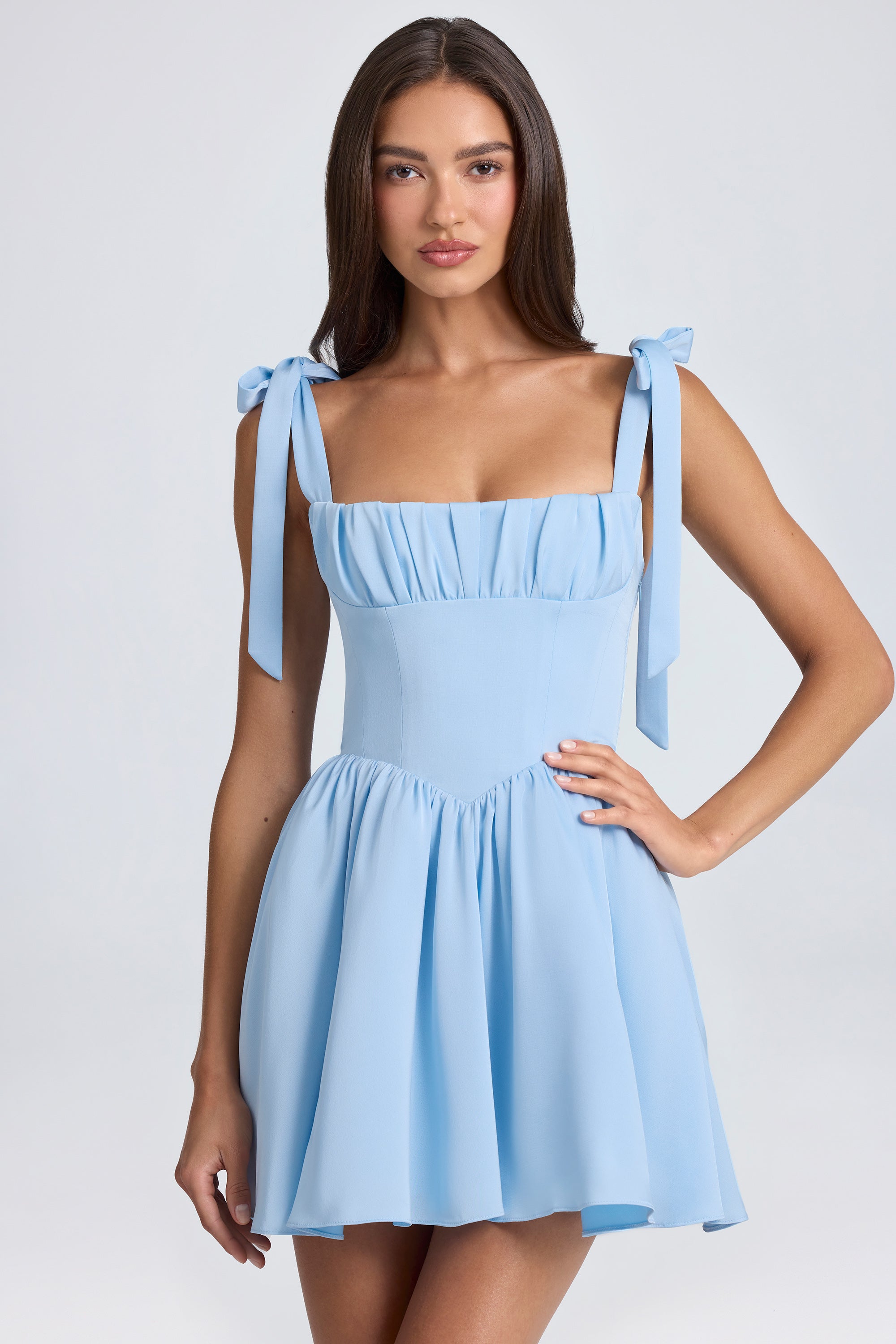 Bellamy-Draped Corset Mini Dress in Powder Blue