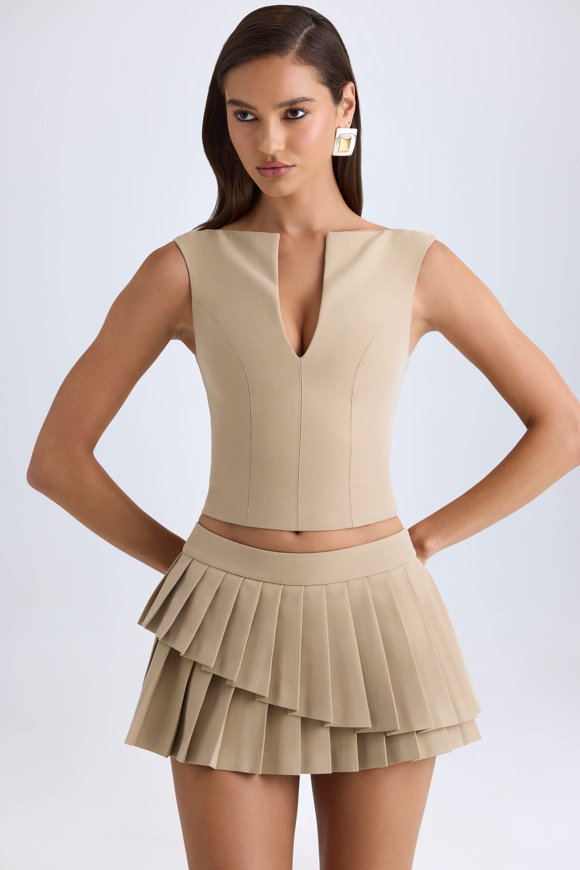 Nada-Layered Pleated Low-Rise Mini Skirt in Camel