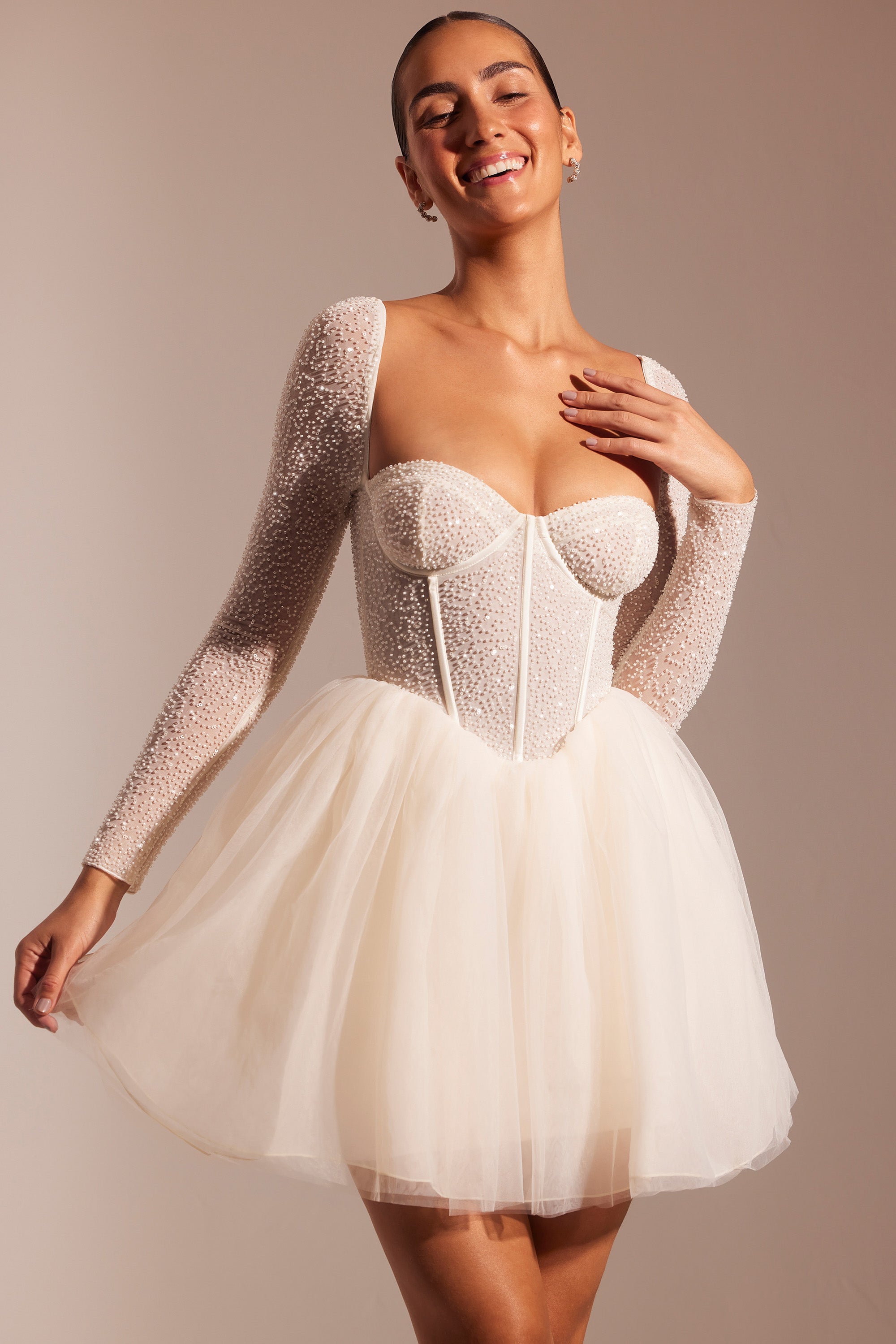 Calliope-Embellished Long Sleeve Tulle Skirt Mini Dress in Ivory