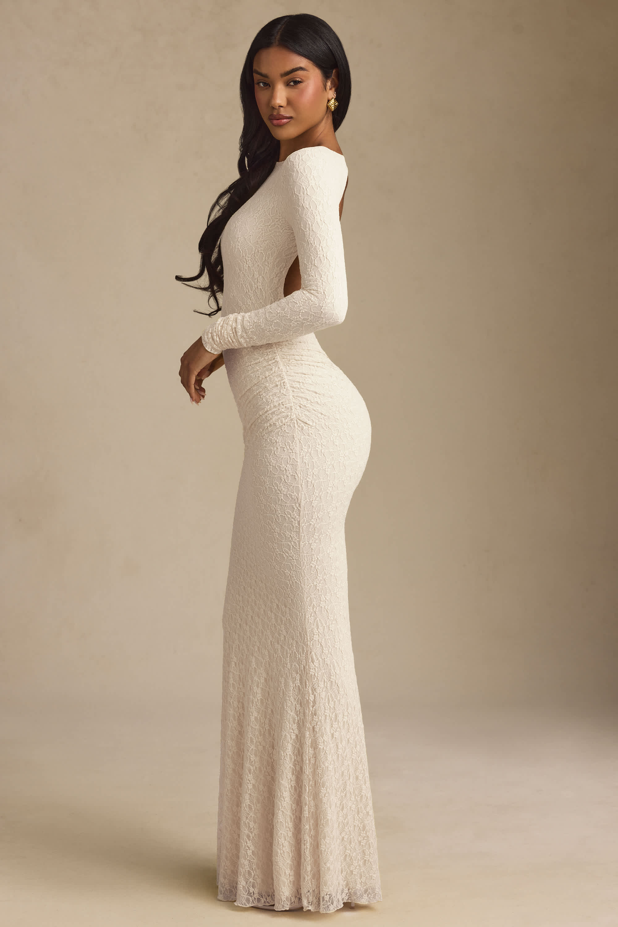 Tarini-Ruched Backless Lace Maxi Dress in Ivory