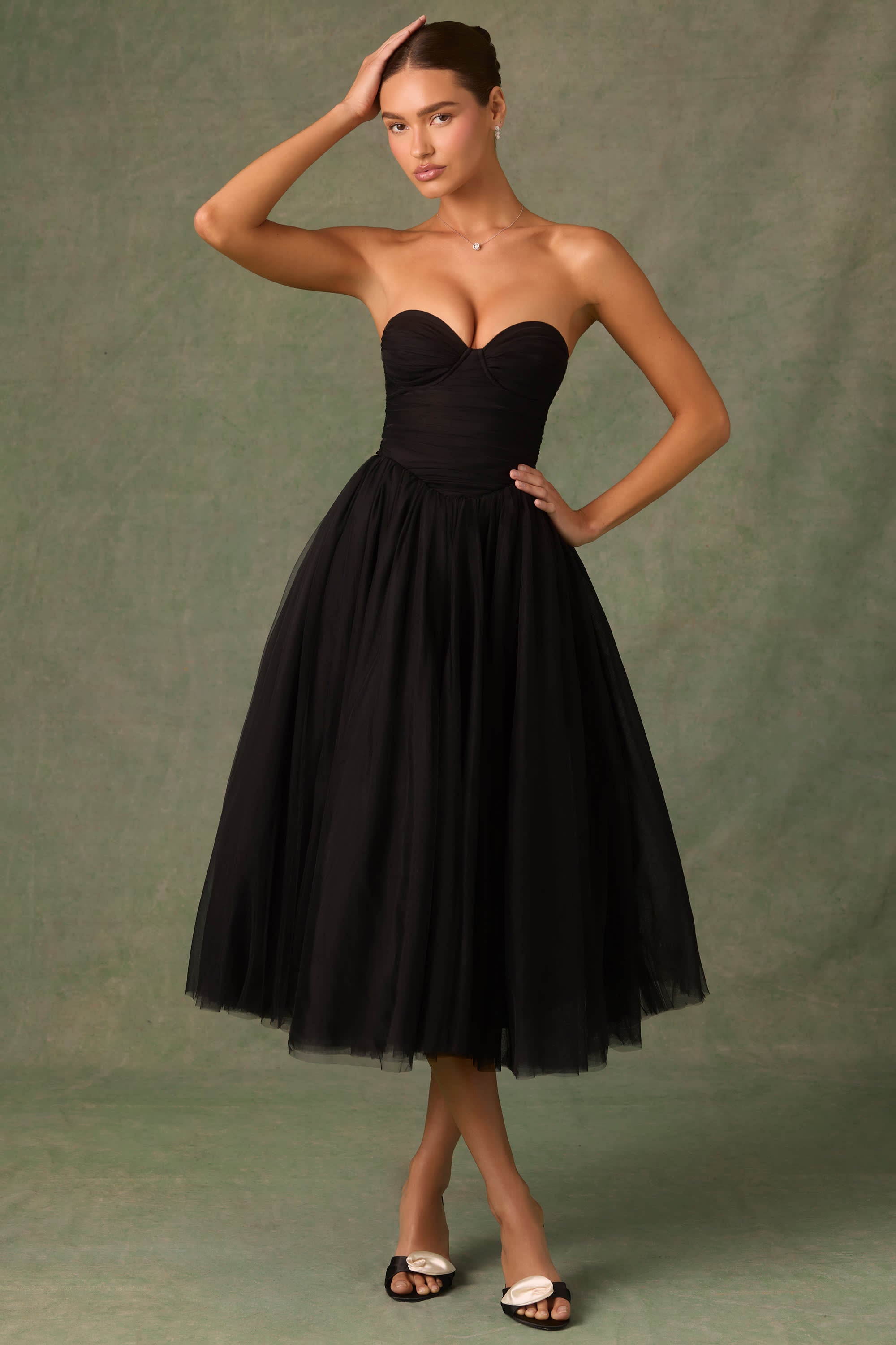 Cindy-Tulle Corset Midaxi Dress in Black