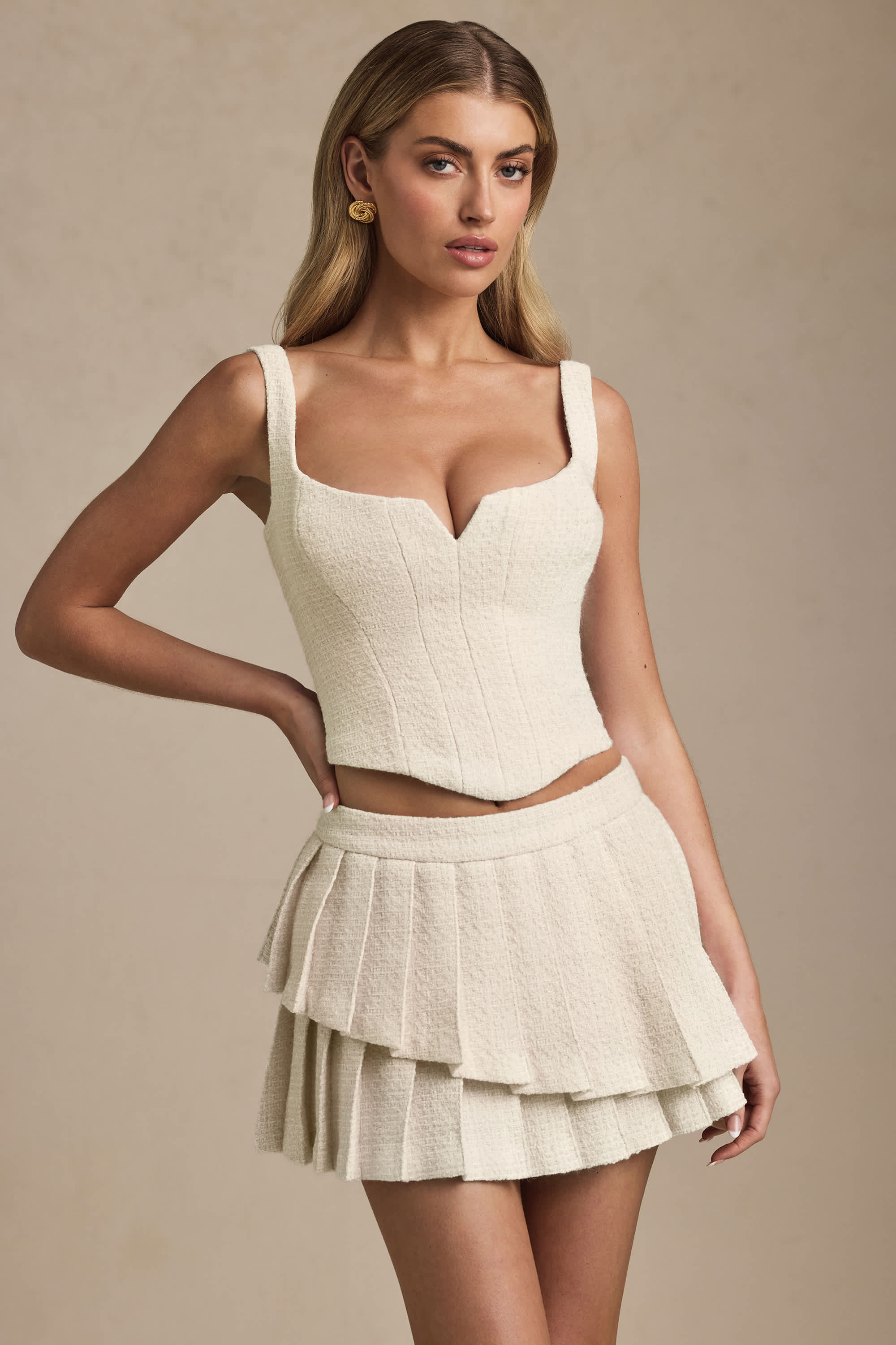 Nada-Layered Pleated Low-Rise Mini Skirt in Ivory