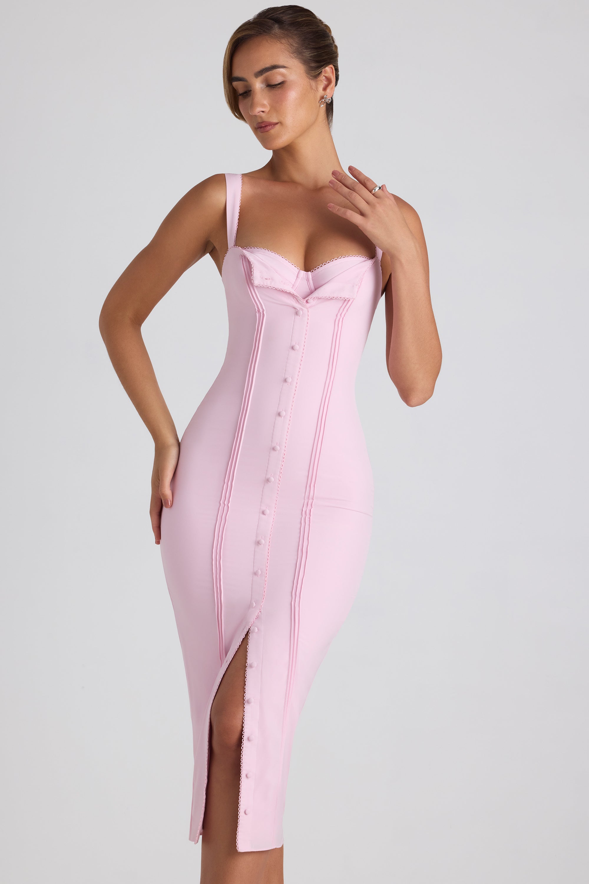 Theodora-Button-Detail Midaxi Dress in Soft Pink