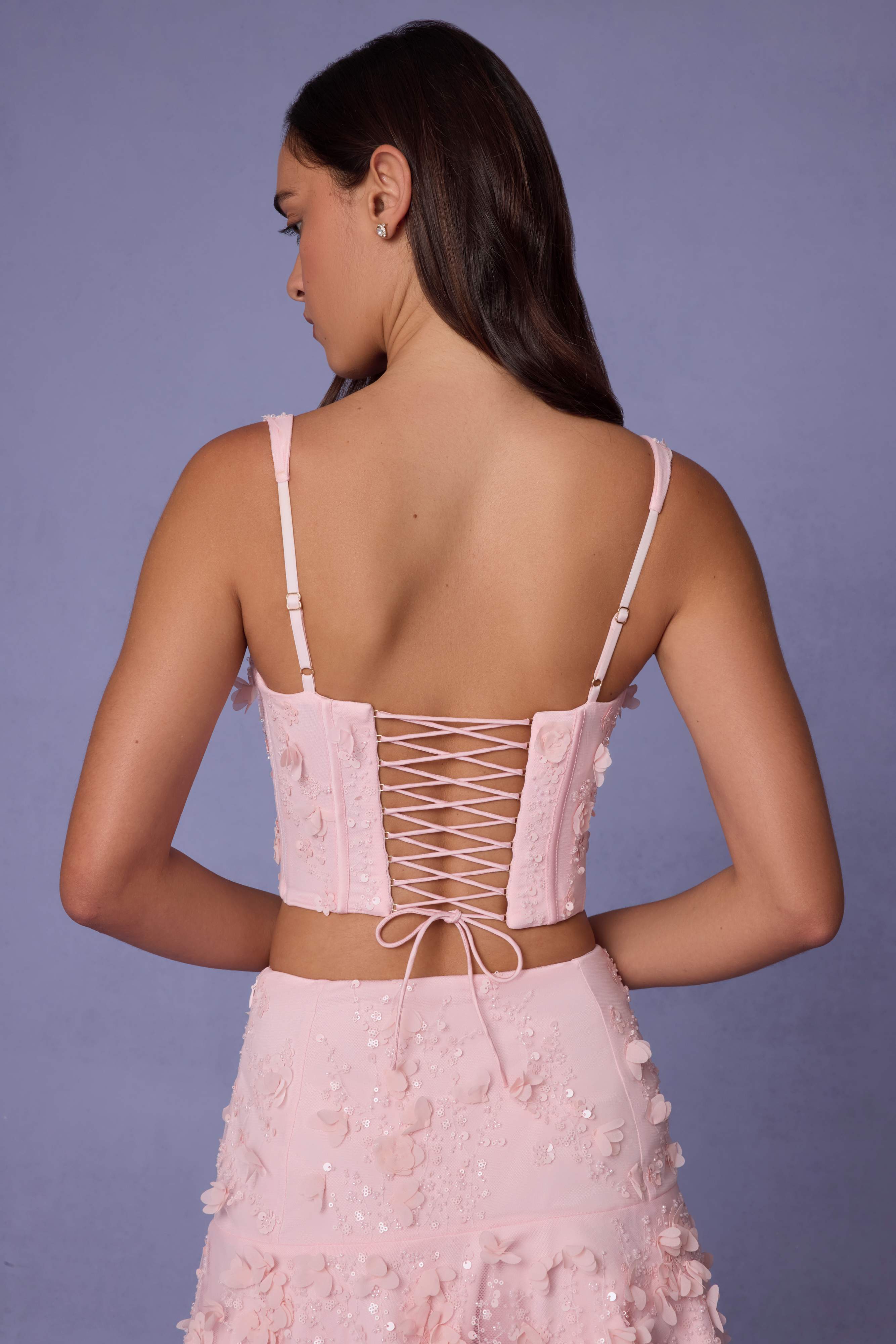 Letitia-Embellished Lace-Up Corset Top in Soft Pink
