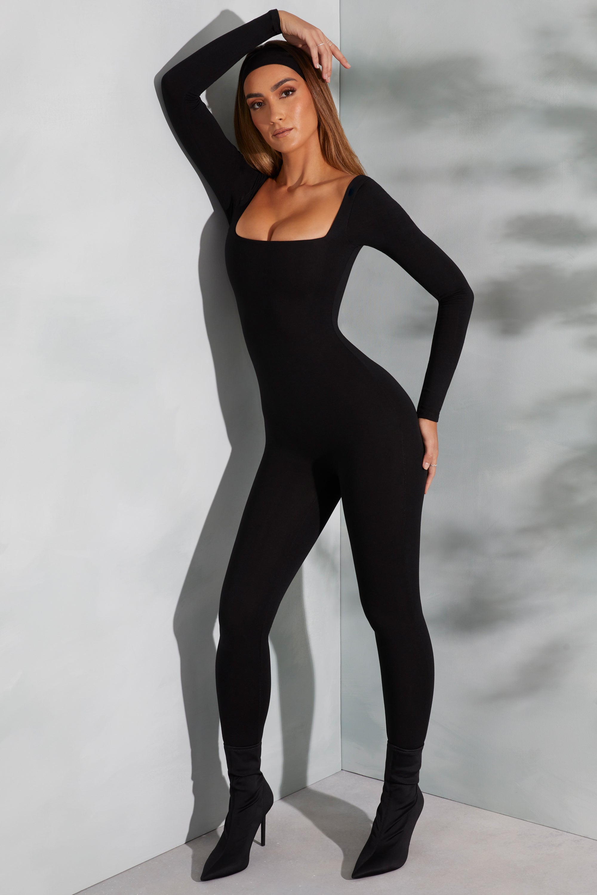 Delanie-Square Neck Long Sleeve Jumpsuit in Black