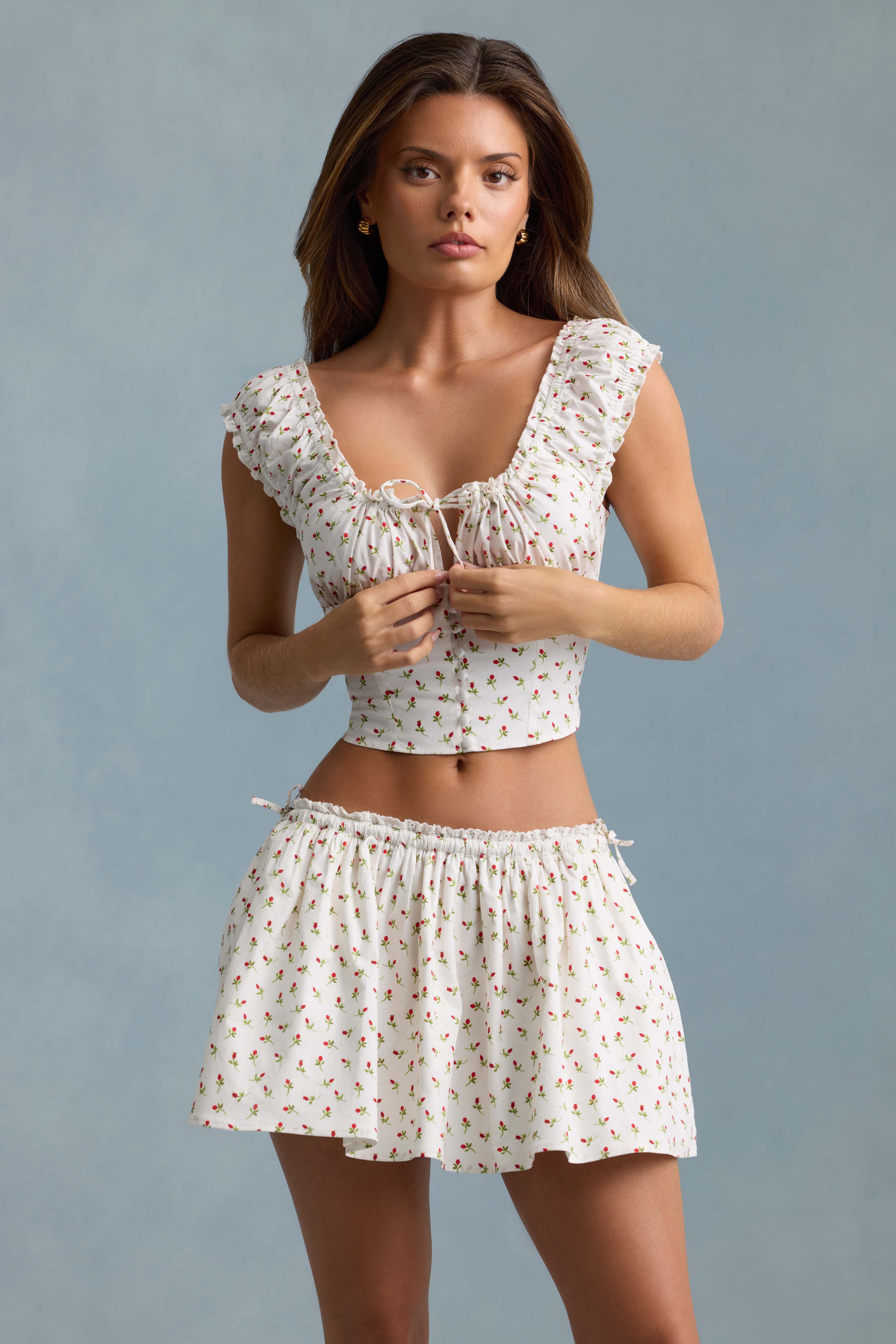 Faela-Ruched Cotton-Poplin Corset Top in Rose Print