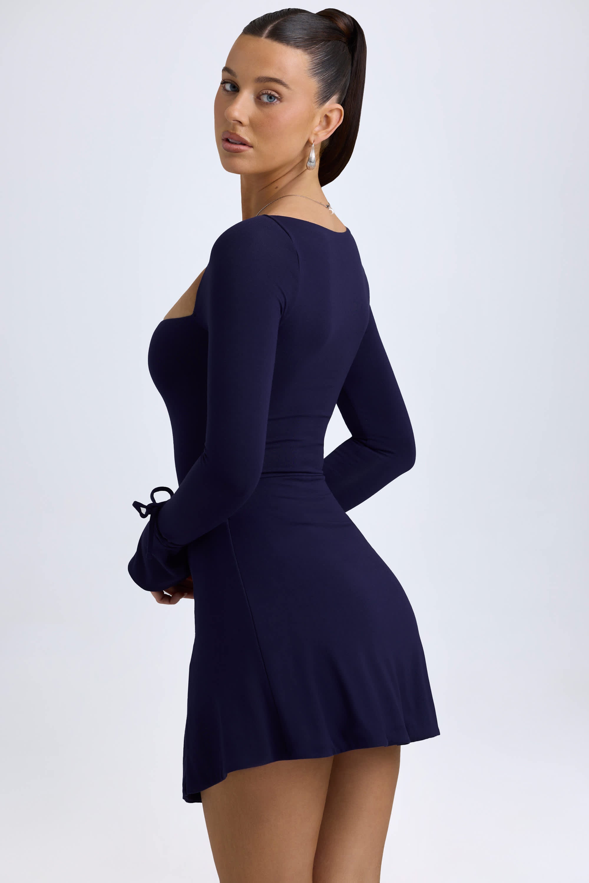 Baize-Square Neck Long Sleeve Mini Dress in True Navy