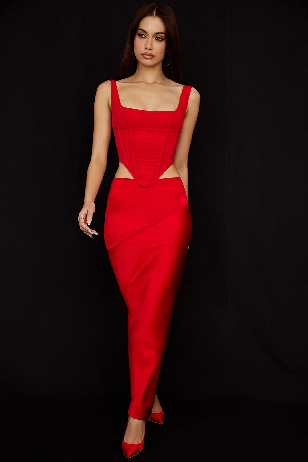 Colette-Scarlet Satin Low Waist Midi Skirt