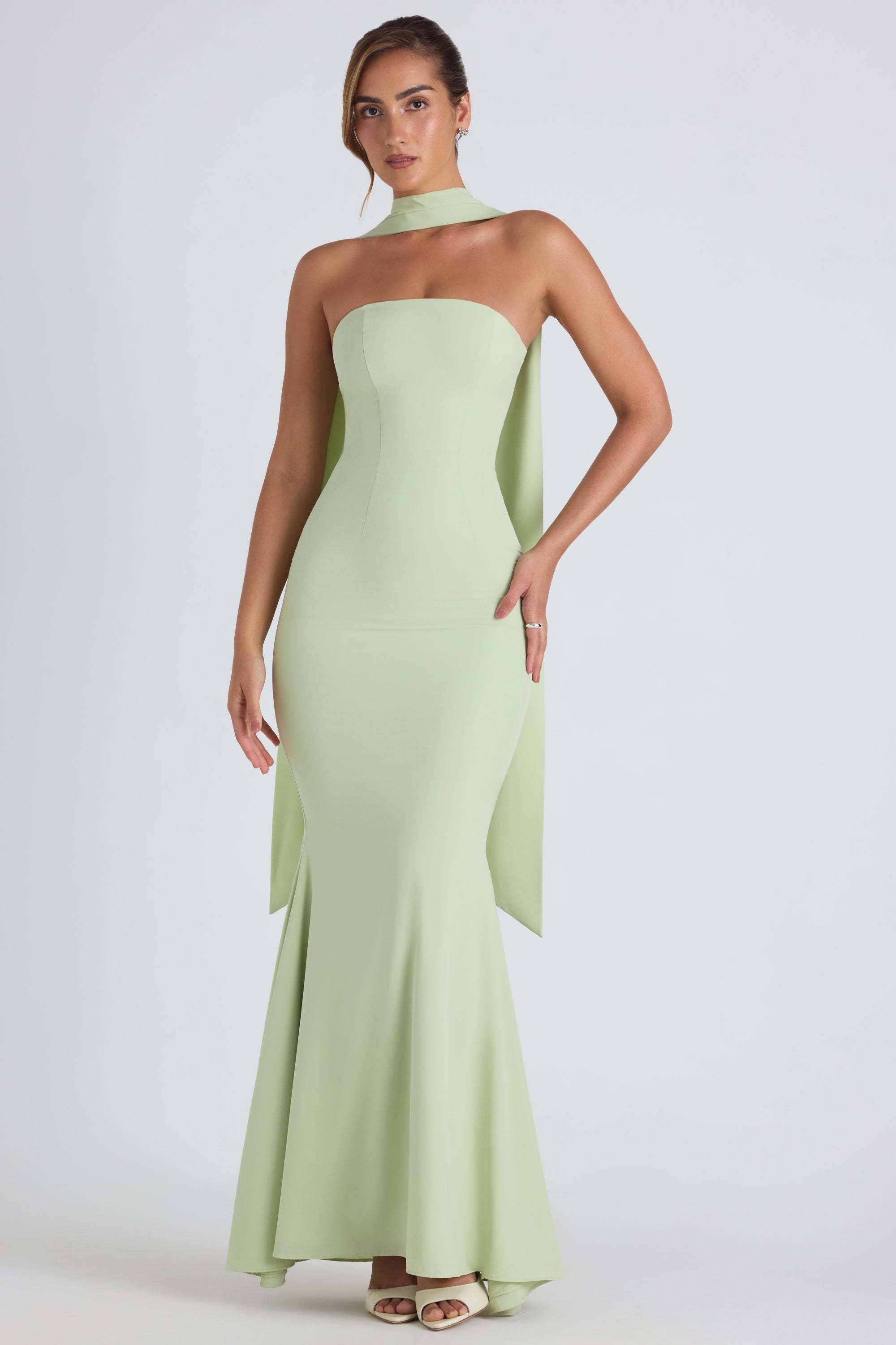 Imogene-Scarf-Detail Strapless Gown in Spring Green
