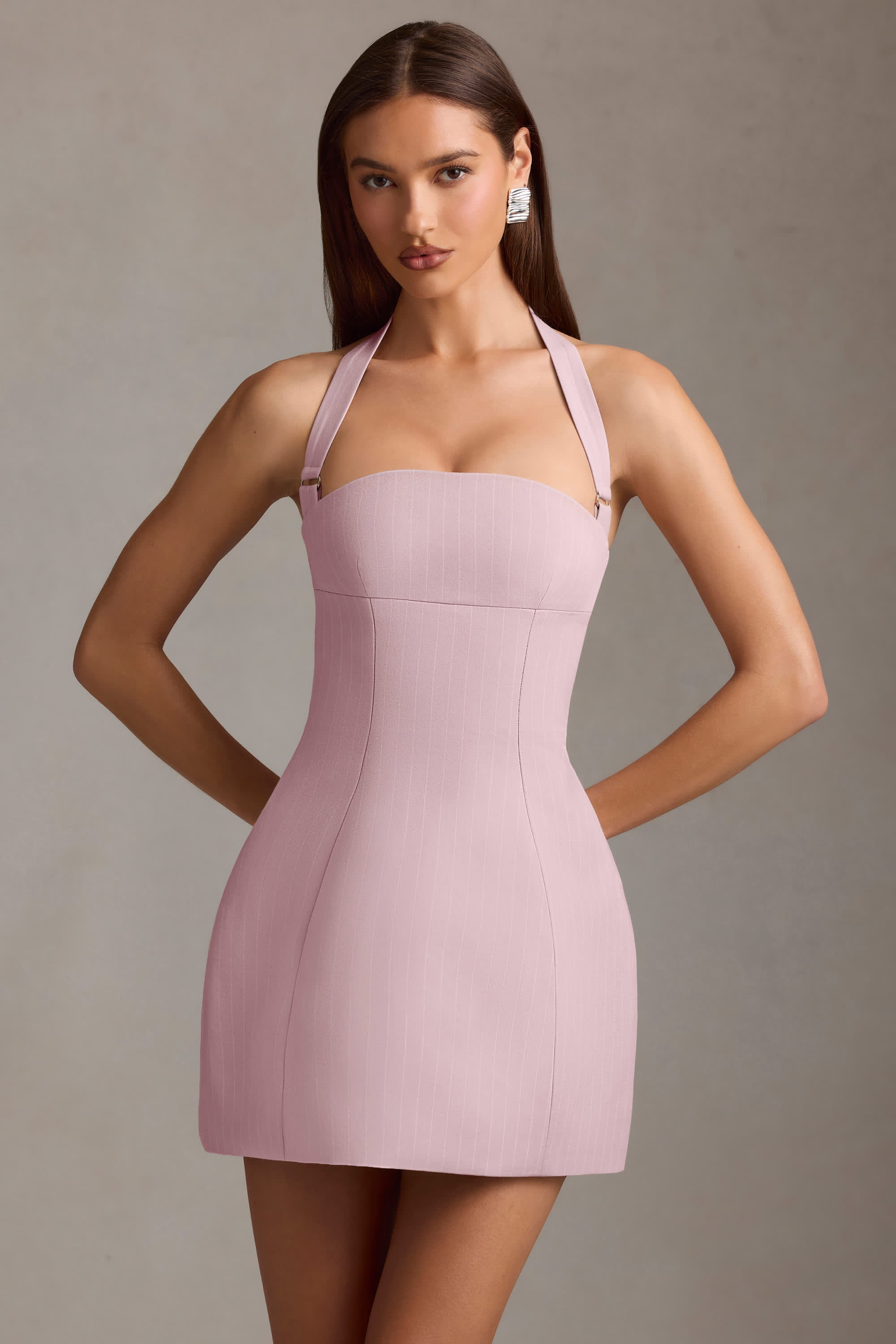 Odessa-Pinstripe Halterneck Structured A-Line Mini Dress in Mauve