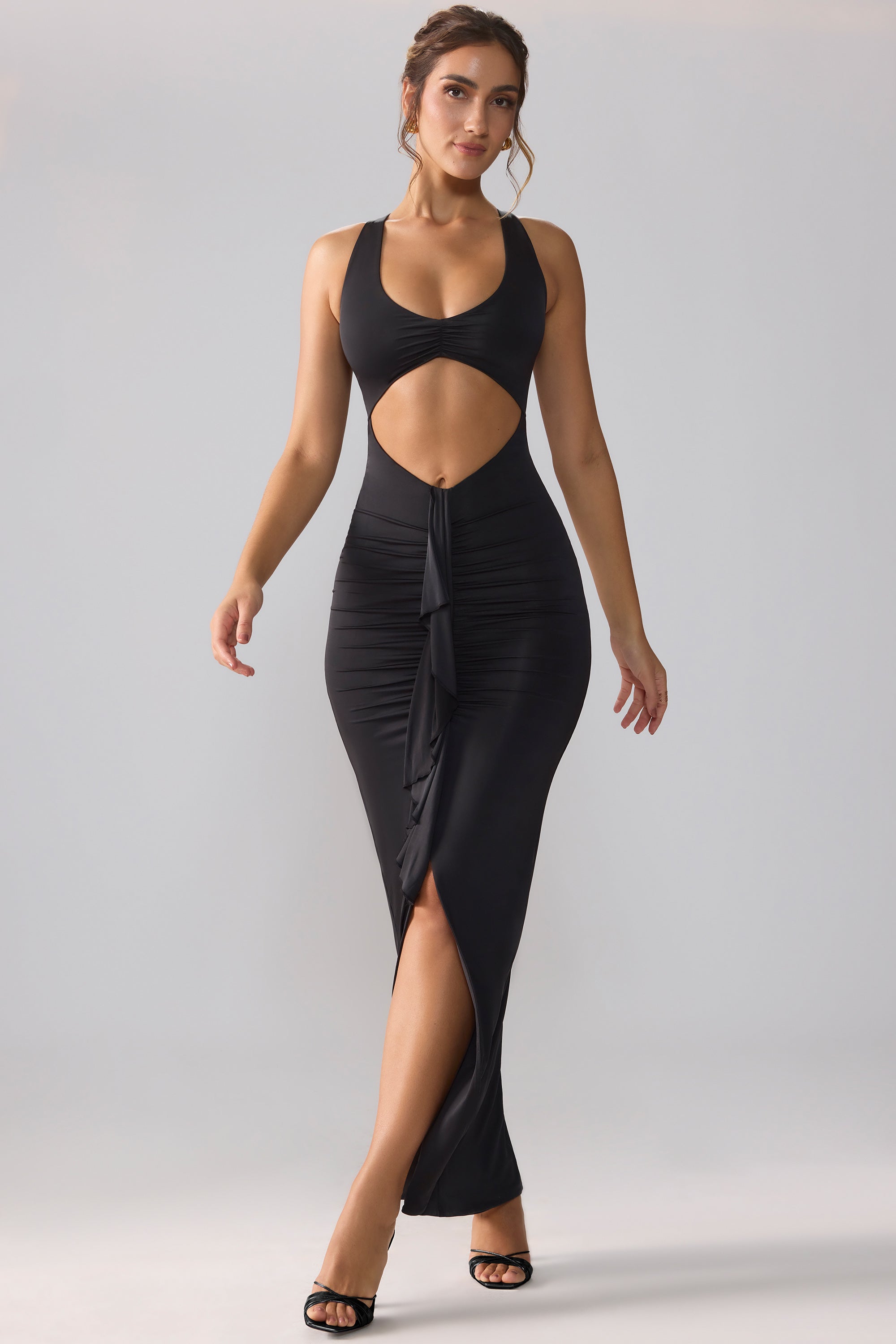 Calluna-Slinky Jersey Cut Out Ruffle Racerback Maxi Dress in Black