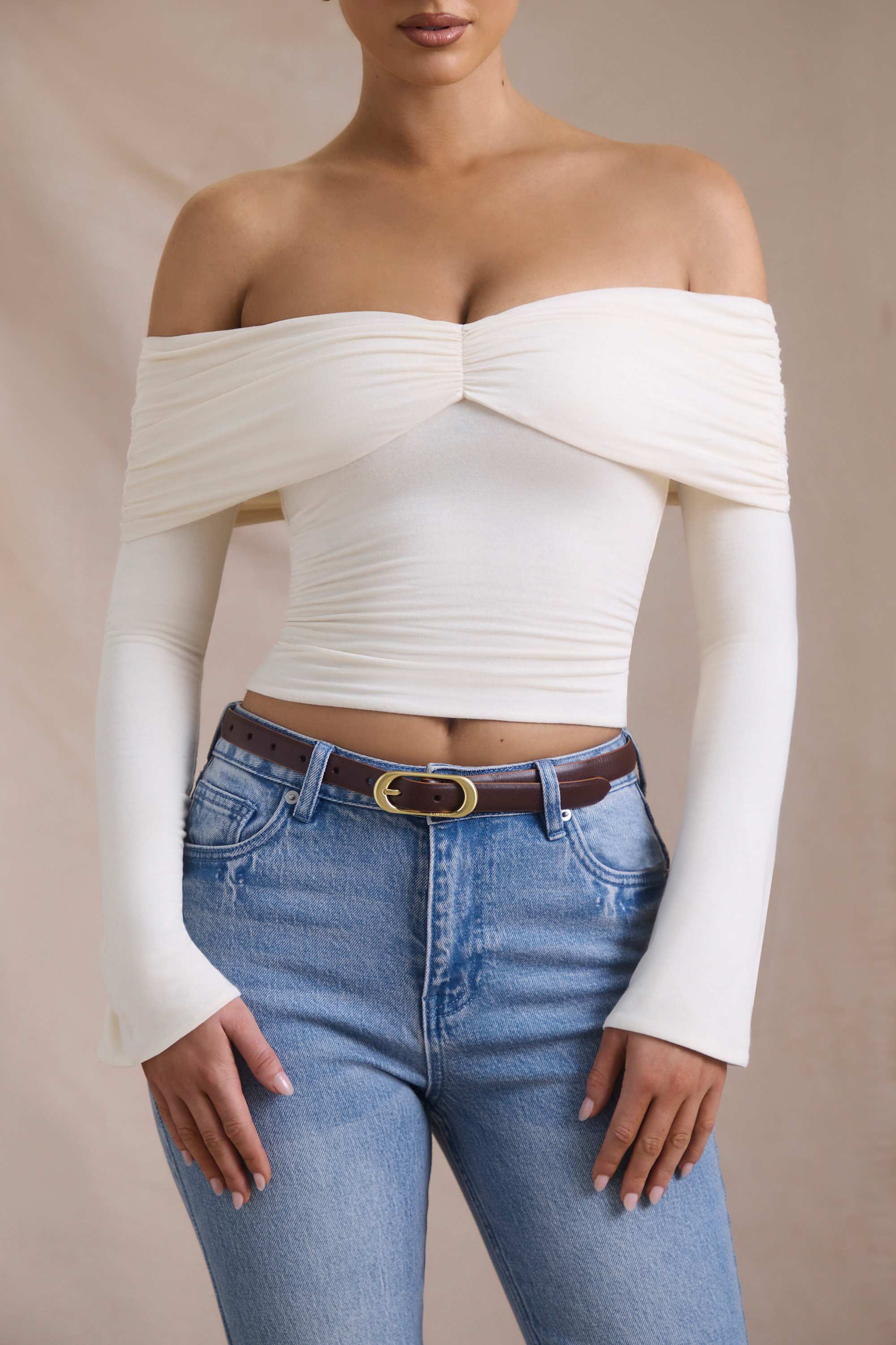 Pavni-Modal-Cashmere Blend Off-Shoulder Ruched Top in Ivory