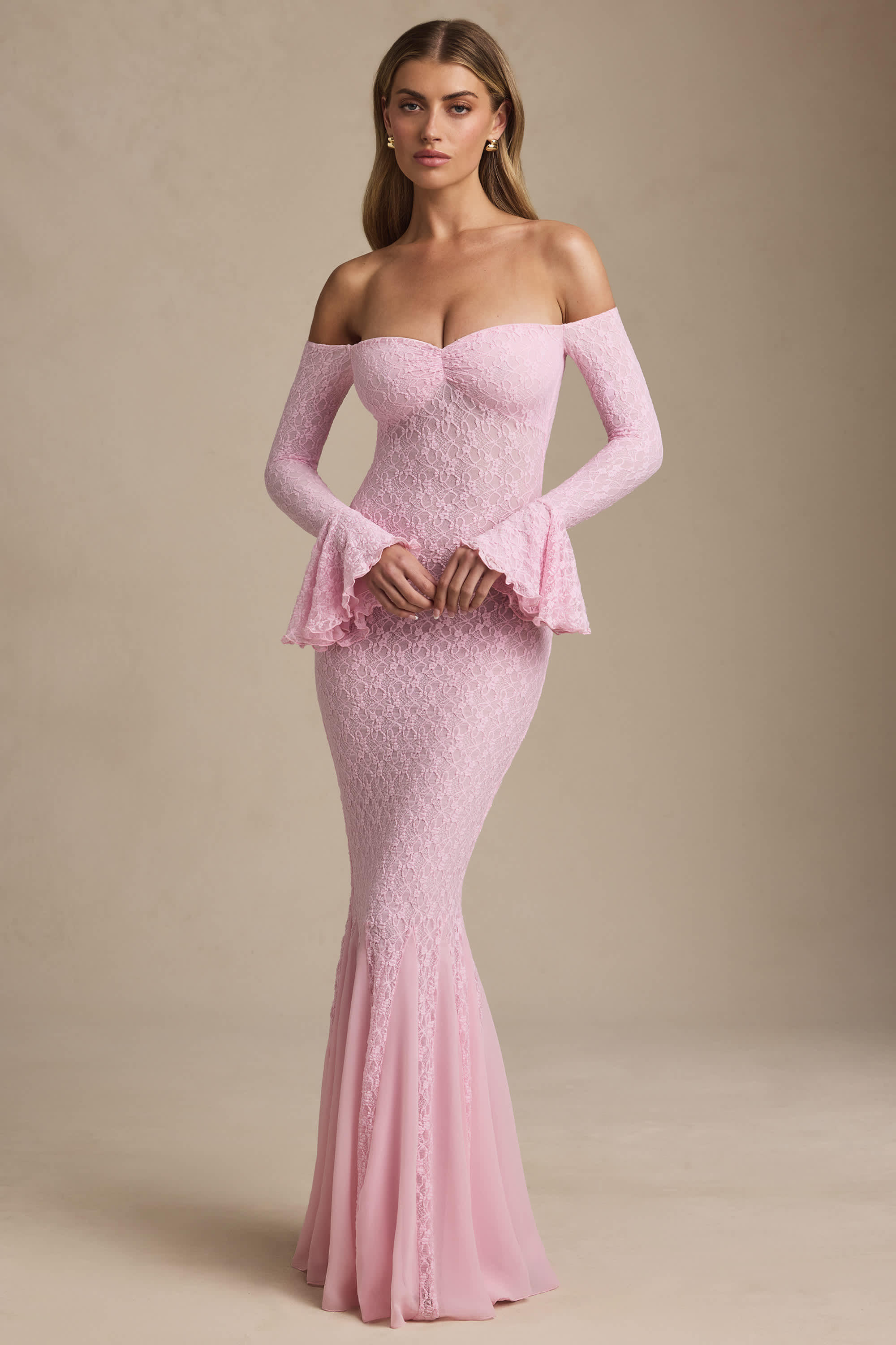 Verena-Off-Shoulder Ruffle Lace Maxi Dress in Soft Pink