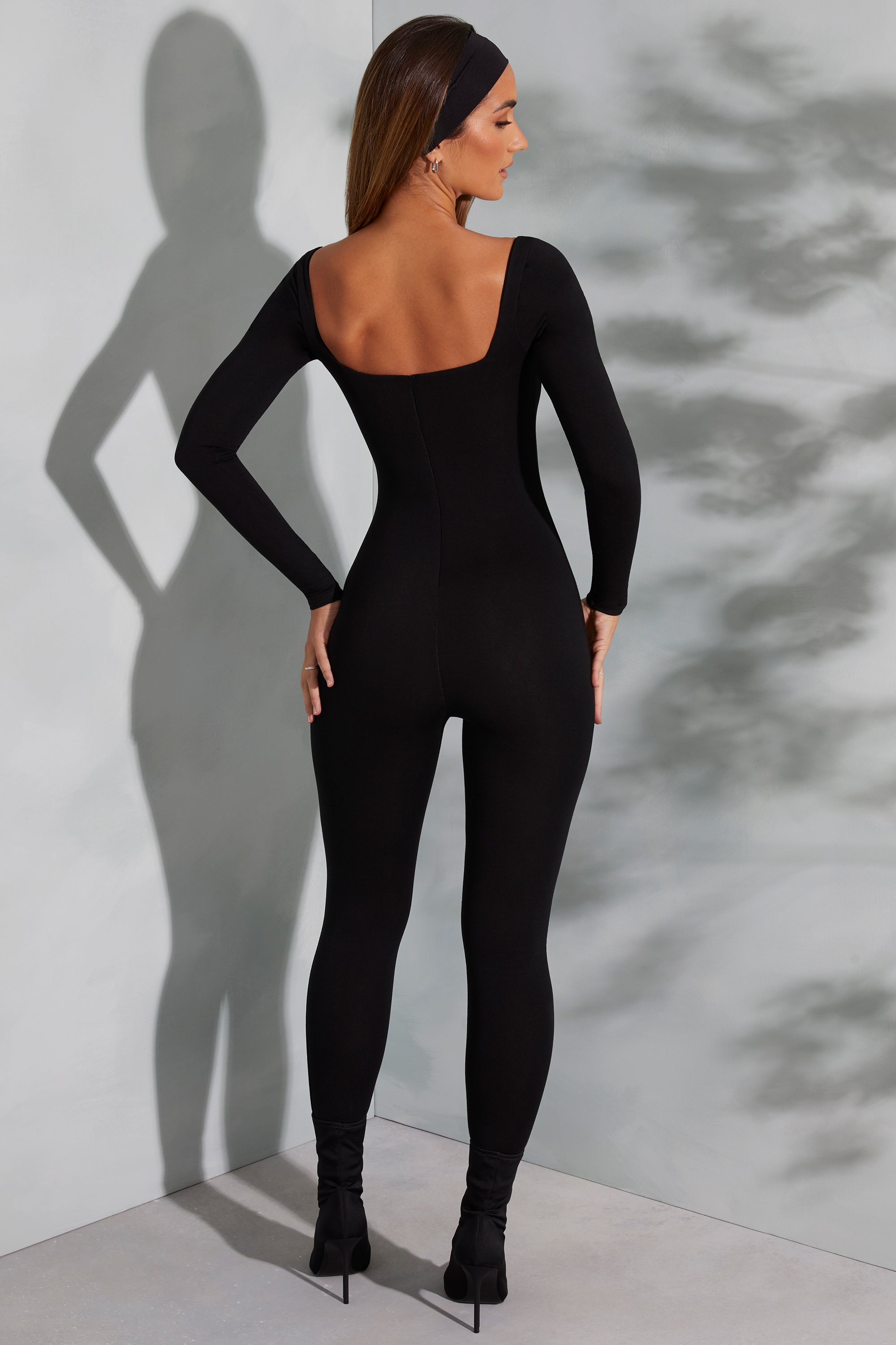 Delanie-Square Neck Long Sleeve Jumpsuit in Black