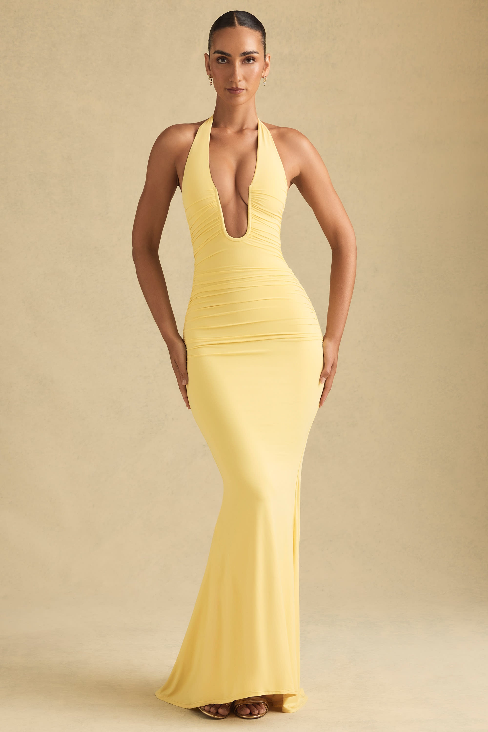Laverna-Ruched Backless Halterneck Gown in Pastel Yellow