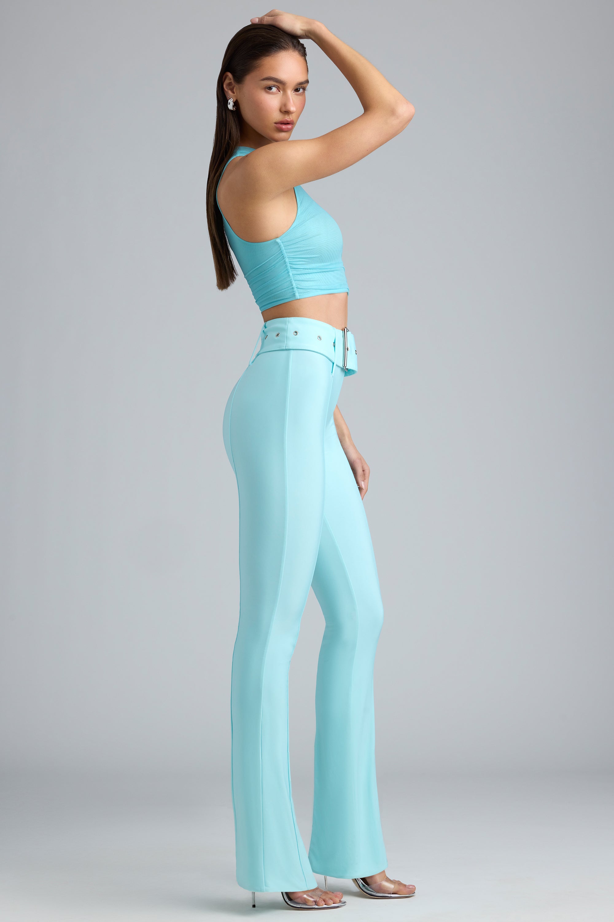 Gia-Tall Metallic Belted Mid-Rise Flared Trousers in Ice Blue