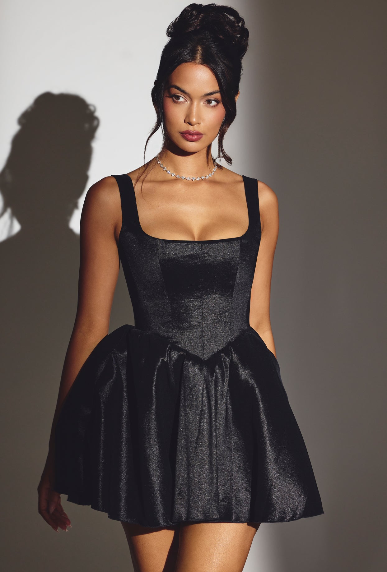 Sueno-Woven Taffeta Corset Mini Dress in Jet Black