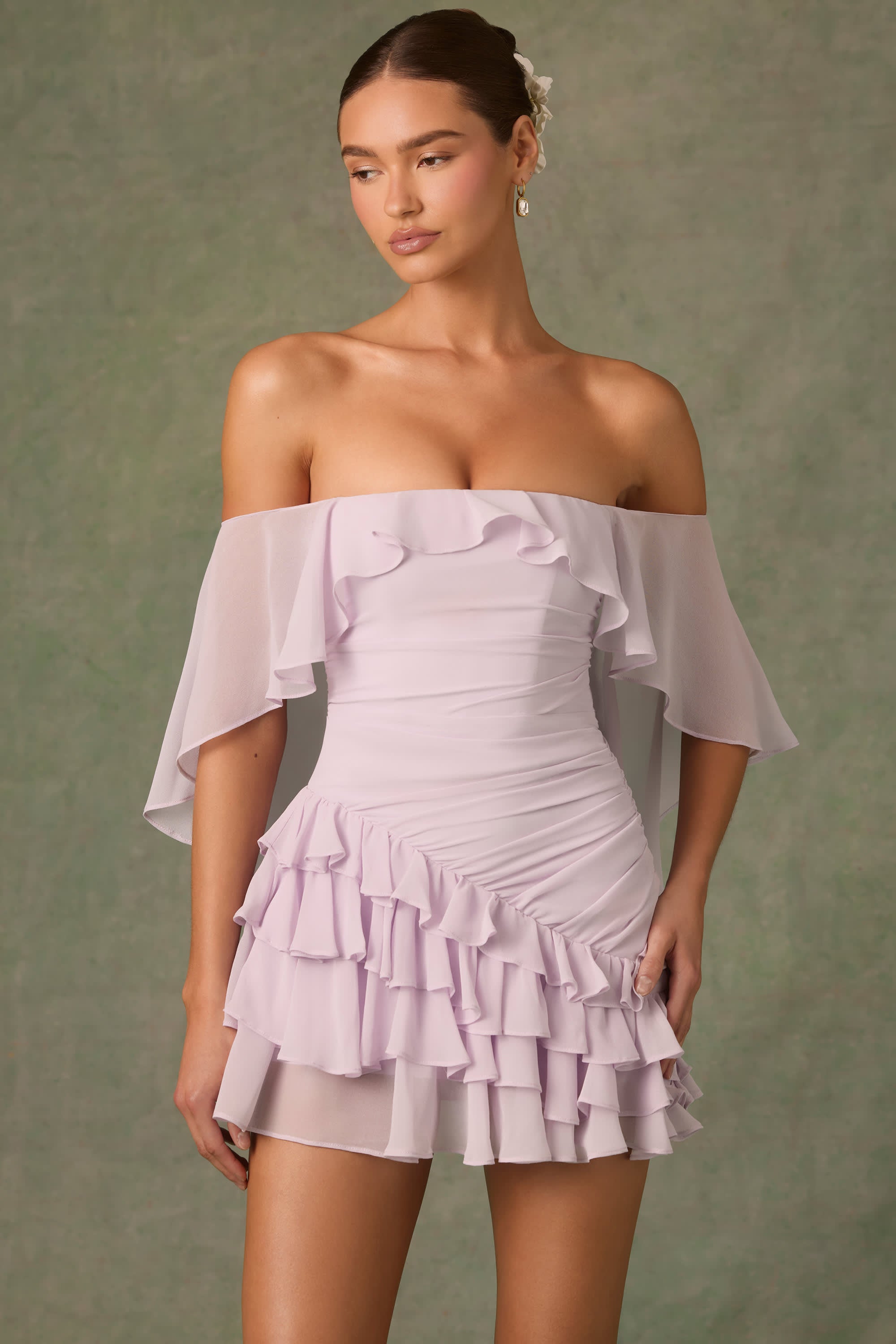 Birdie-Off-Shoulder Ruffled Mini Dress in Lilac