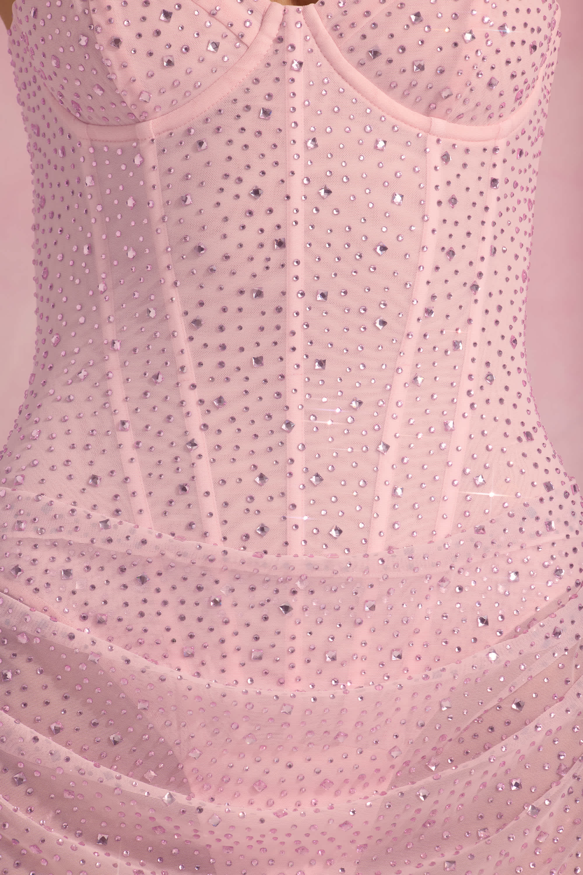 Connie-Semi-Sheer Embellished Draped Corset Mini Dress in Pink