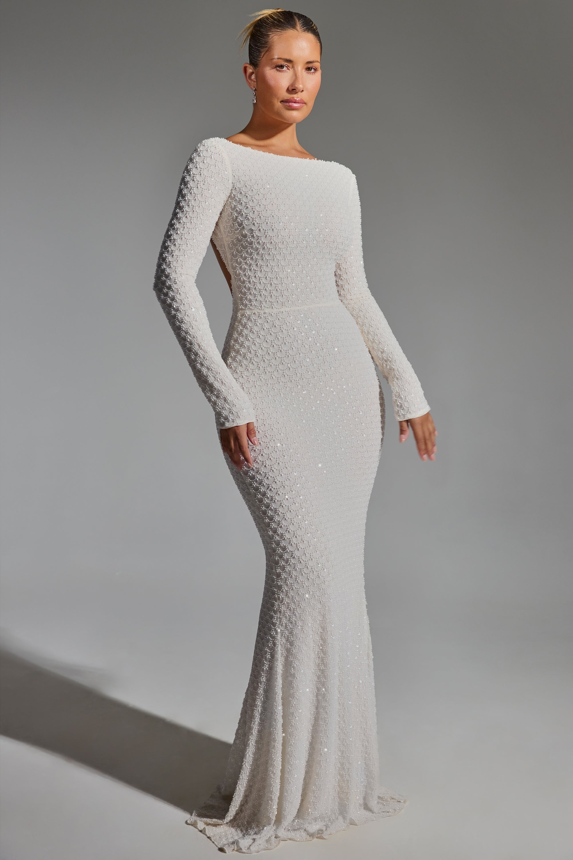 Jailene-Embellished Open-Back Gown in White