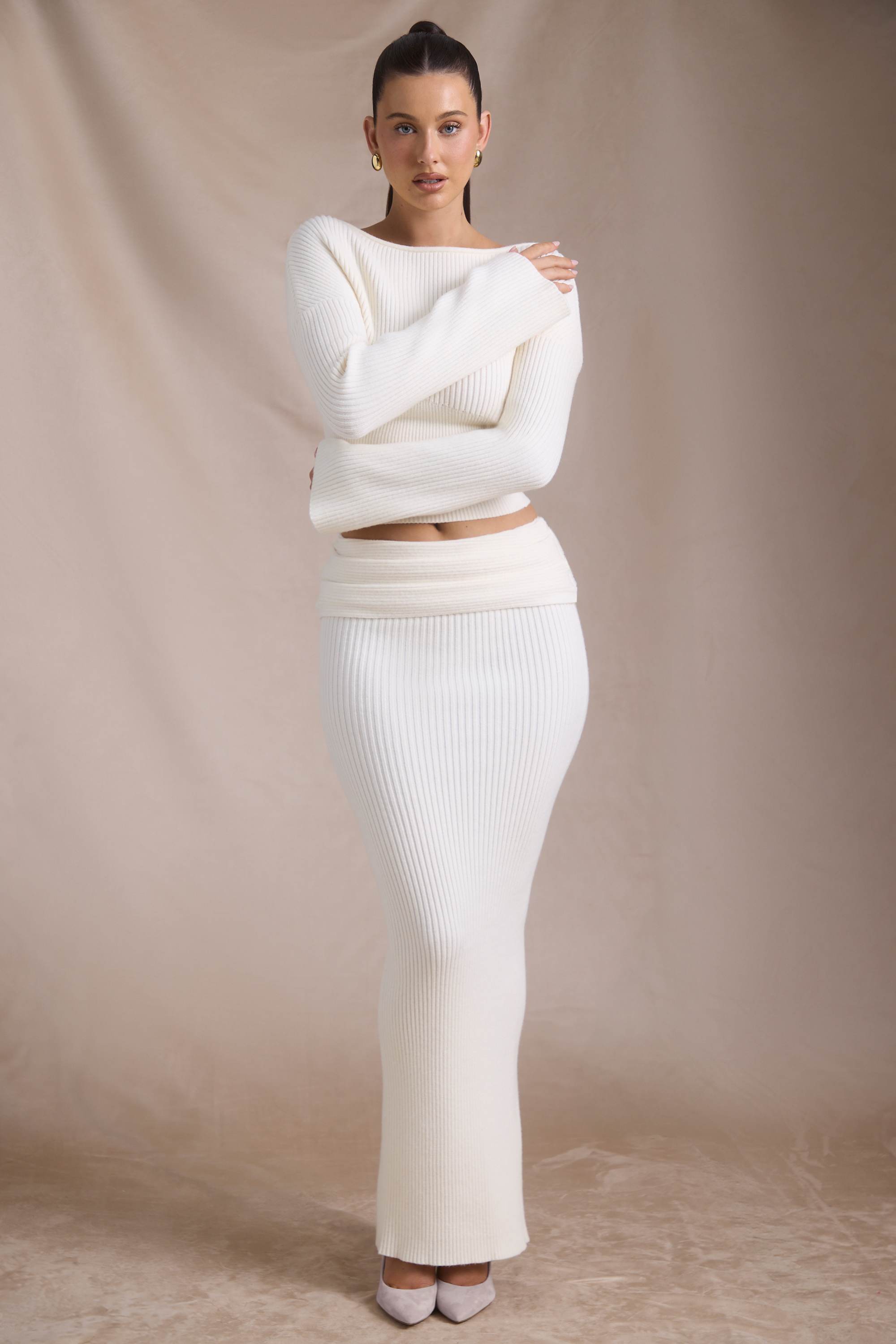 Edalene-Ribbed-Knit Foldover Maxi Skirt in Ivory