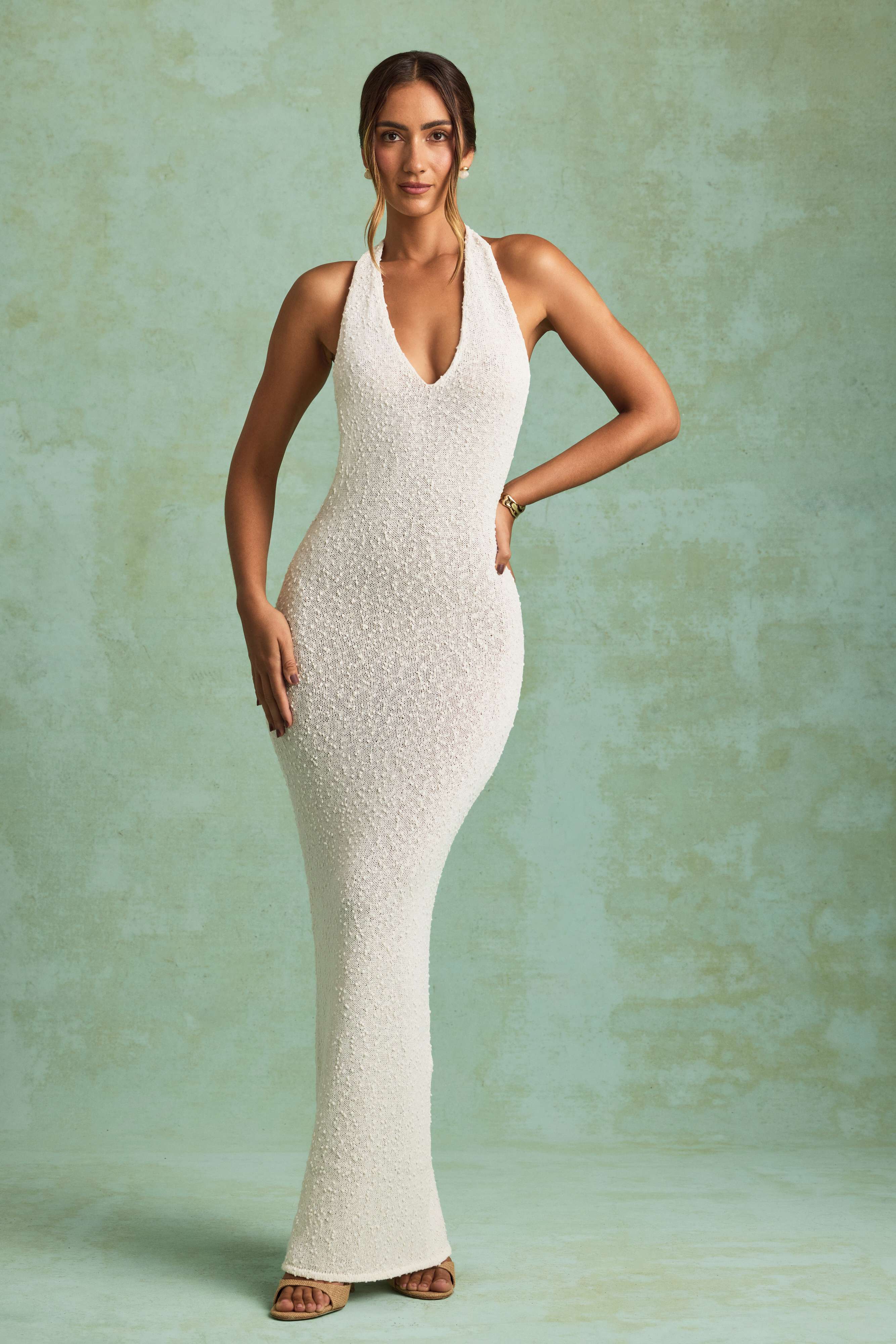 Mirri-Bouclé Halterneck Maxi Dress in White