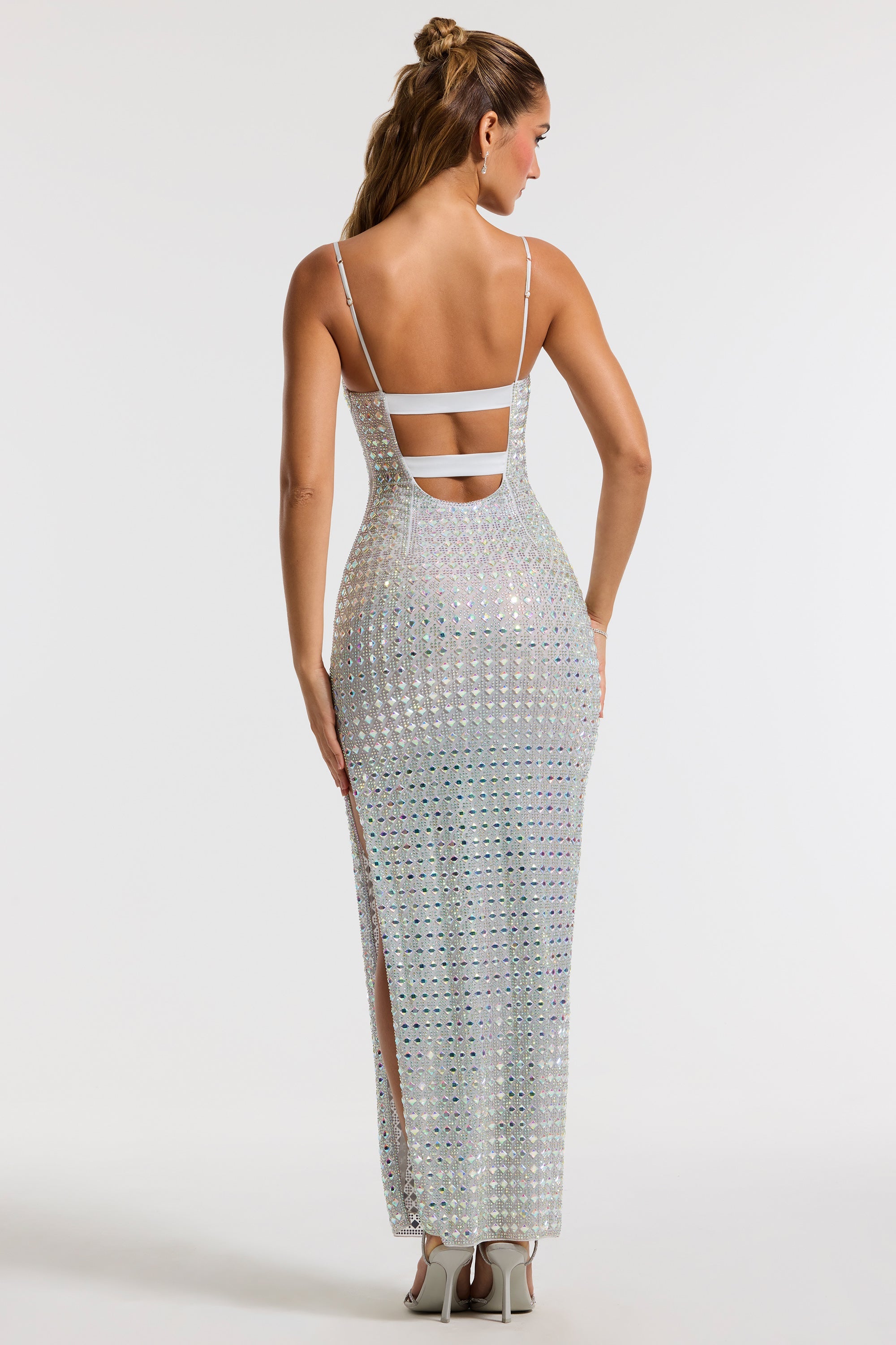 Prisha-Embellished Square Neck Evening Gown in Silver