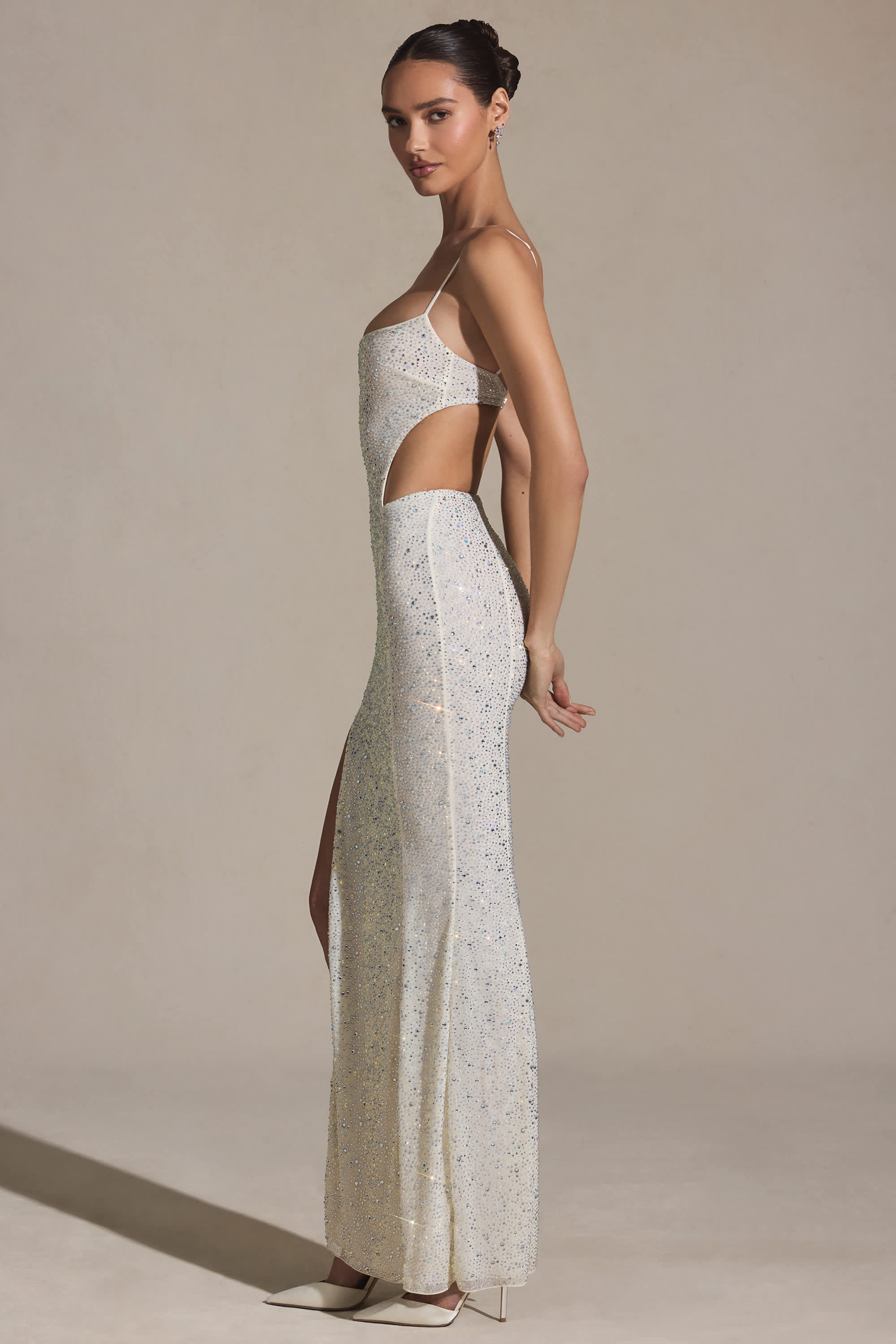 Lucienne-Embellished Cut-Out Fishtail Maxi Dress in White