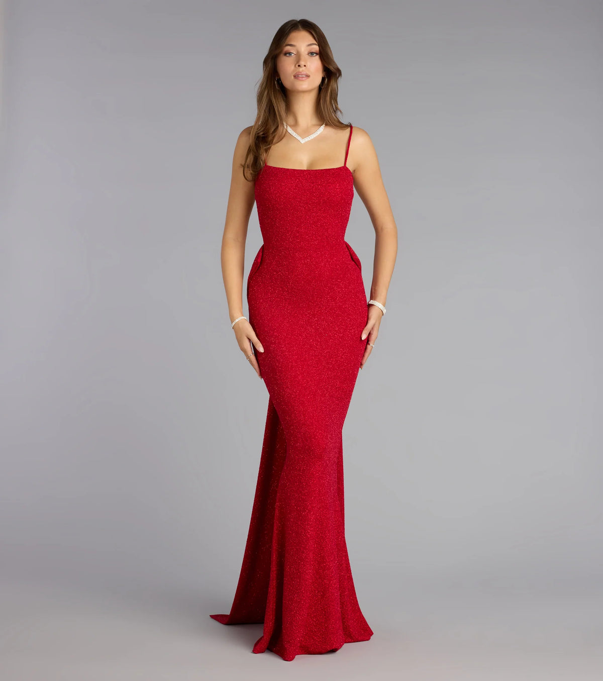 Gwendolyn Glitter Knit Bow-Back Mermaid Dress-RED