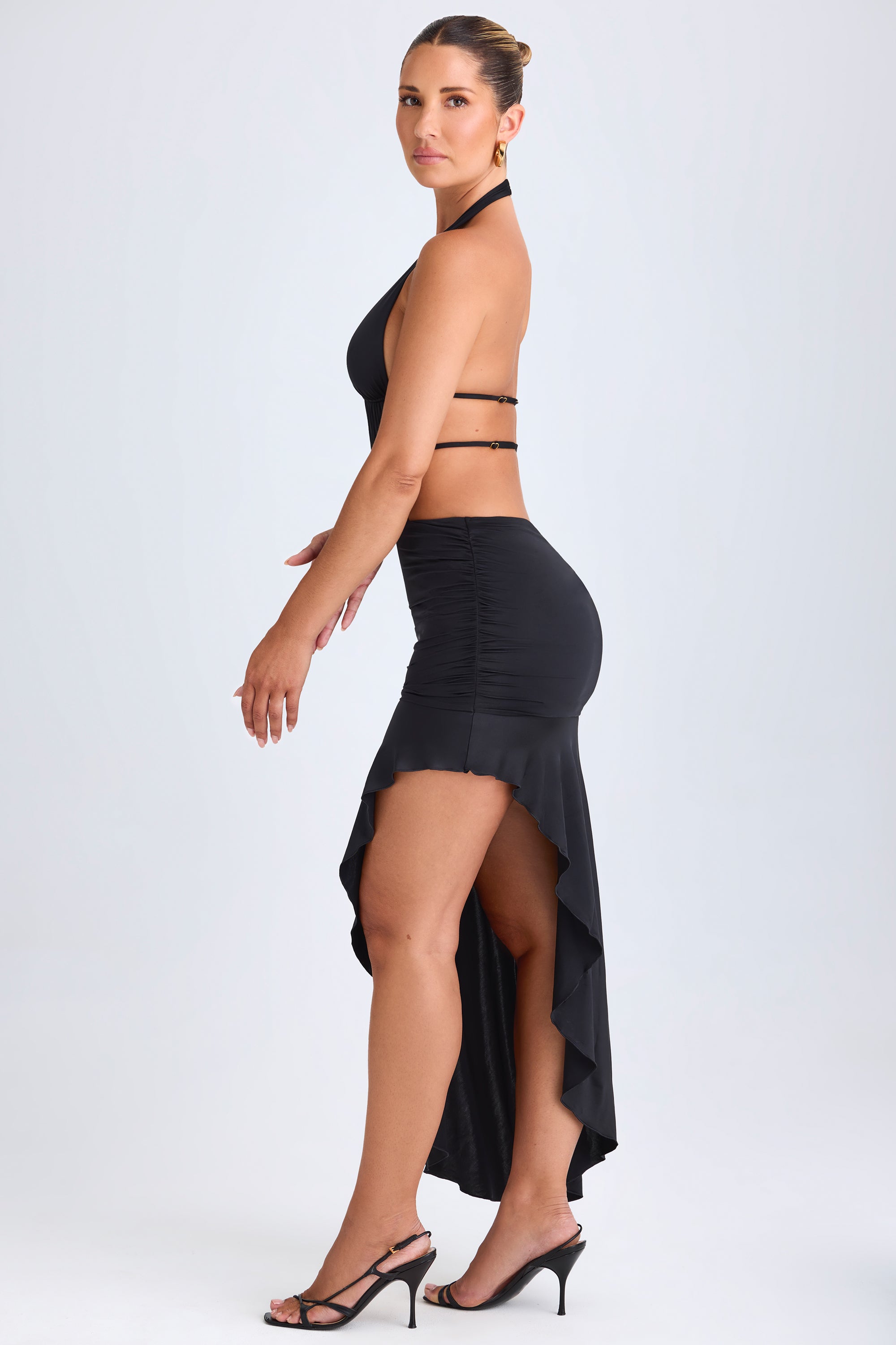 Manami-Asymmetric Cut-Out Halterneck Midaxi Dress in Black
