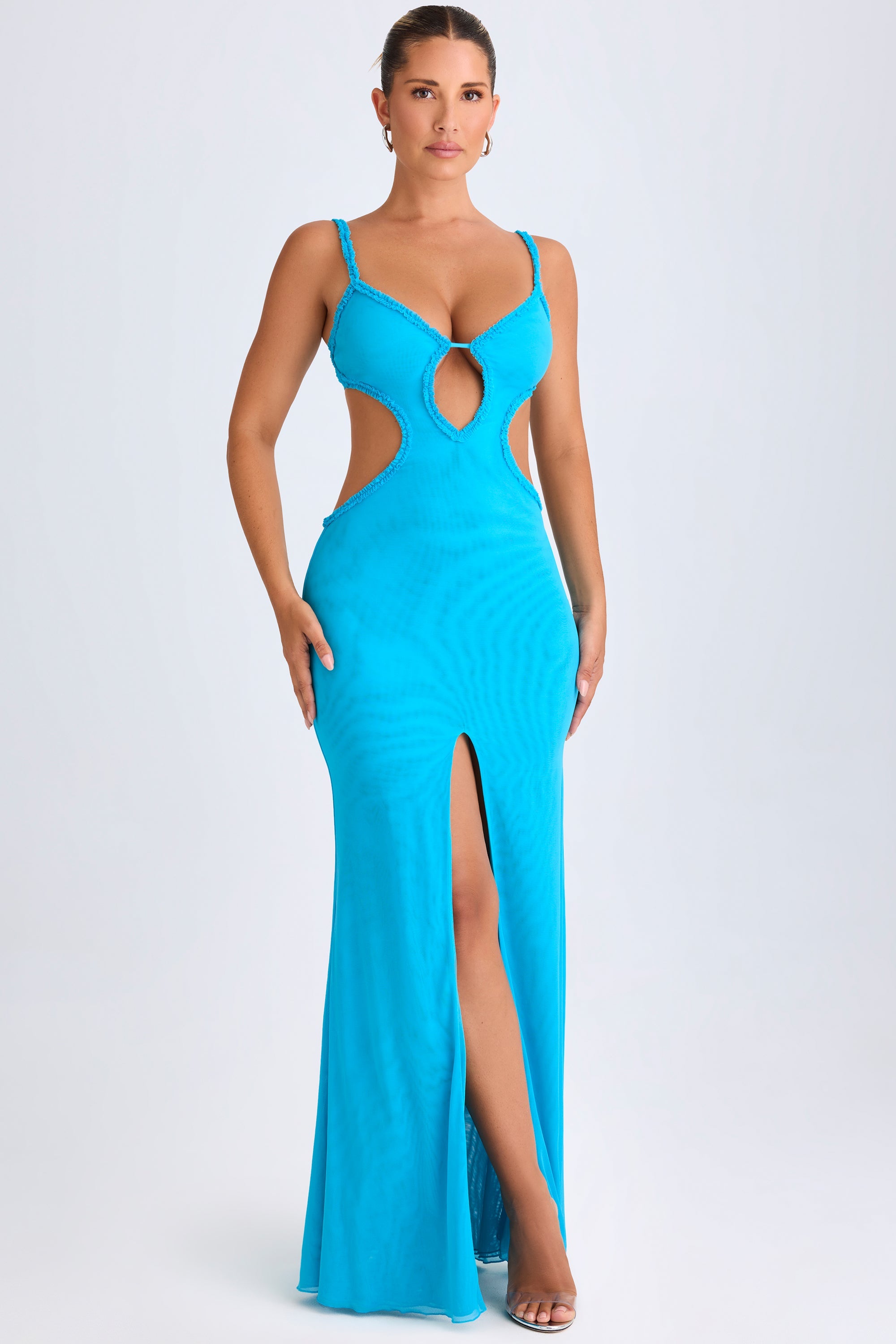 Shakila-Ruffle-Appliqué Cut-Out Maxi Dress in Aqua Blue