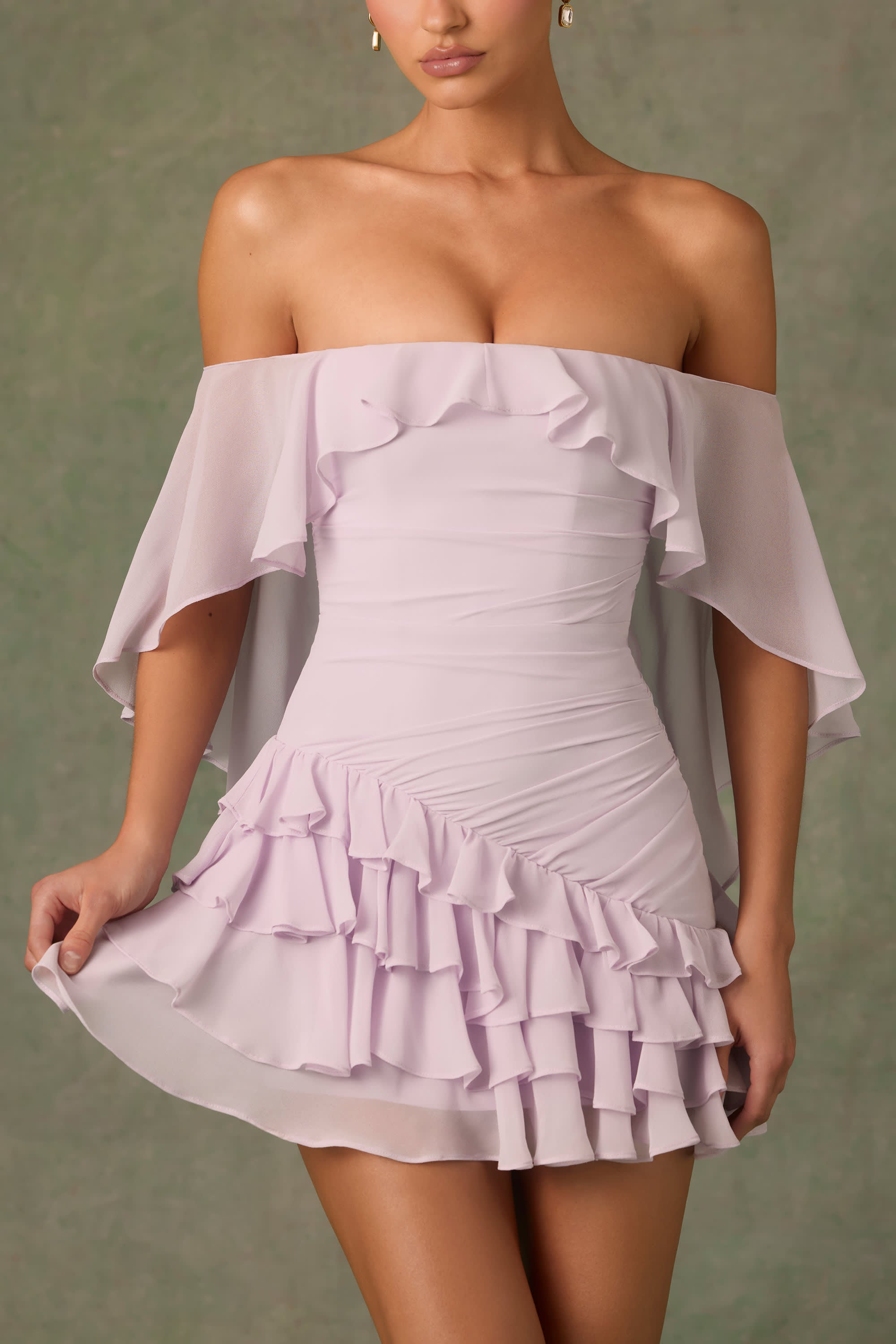 Birdie-Off-Shoulder Ruffled Mini Dress in Lilac