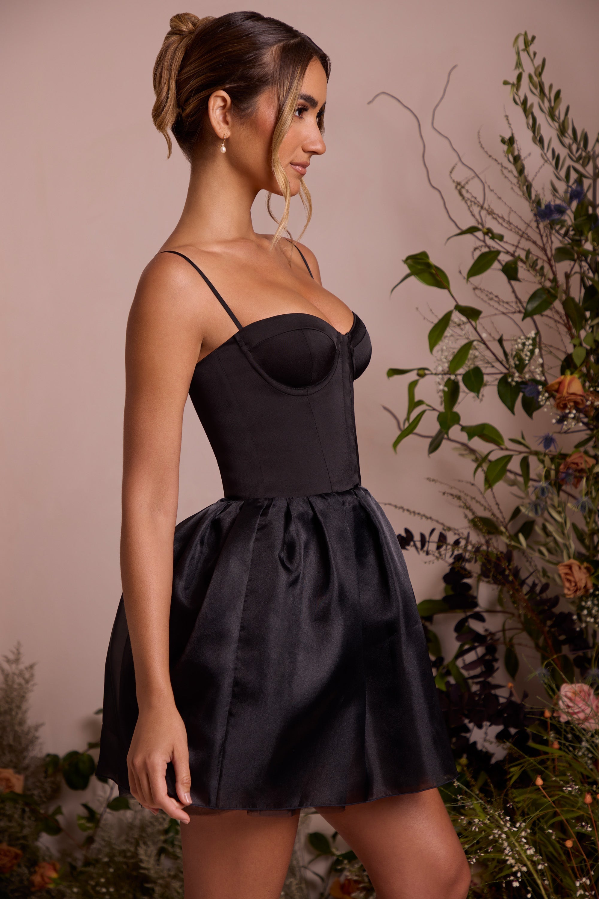 Floriane-Tulle Skirt Corset Mini Dress in Black