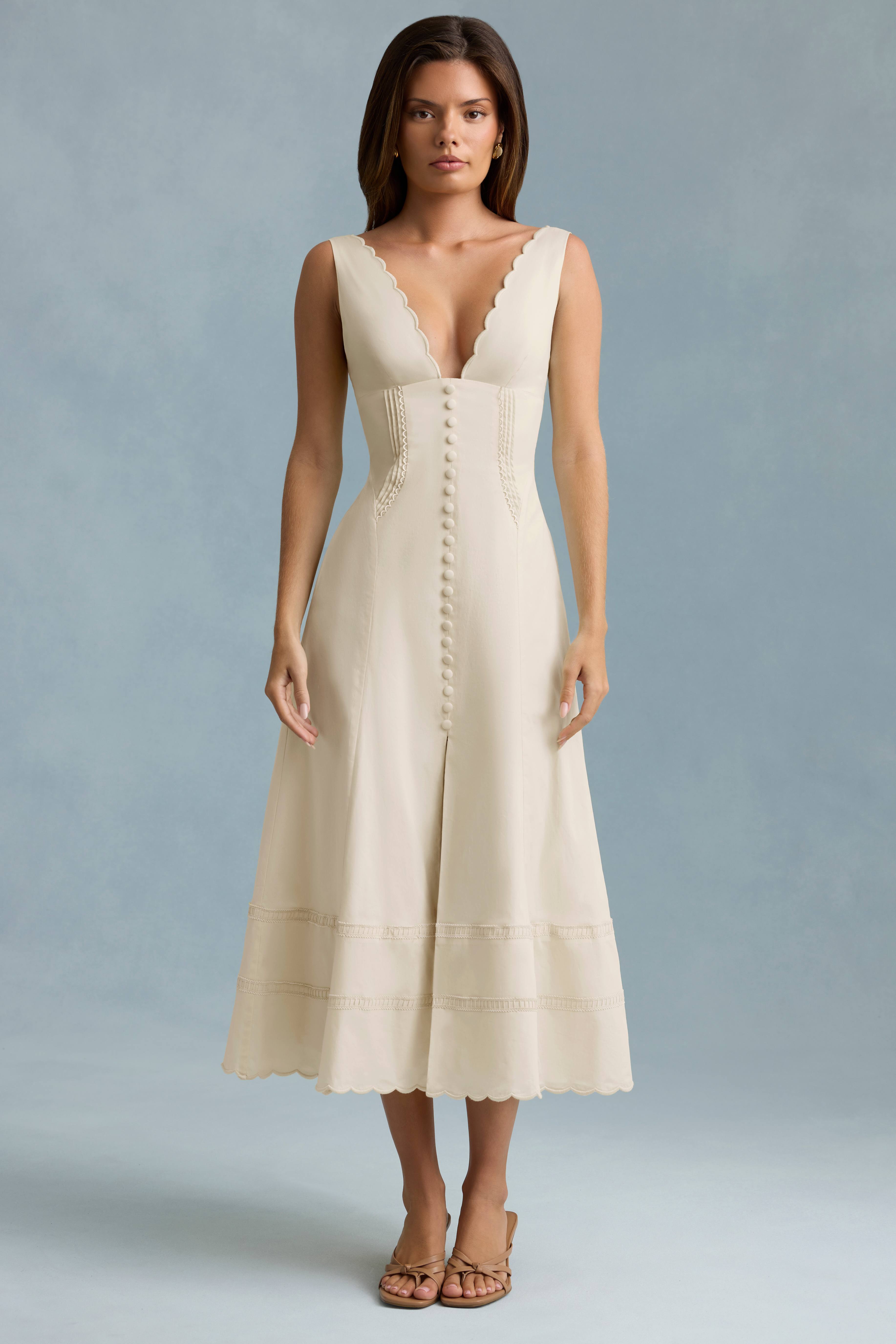 Aralisse-Cotton-Poplin A-Line Midaxi Dress in Ivory