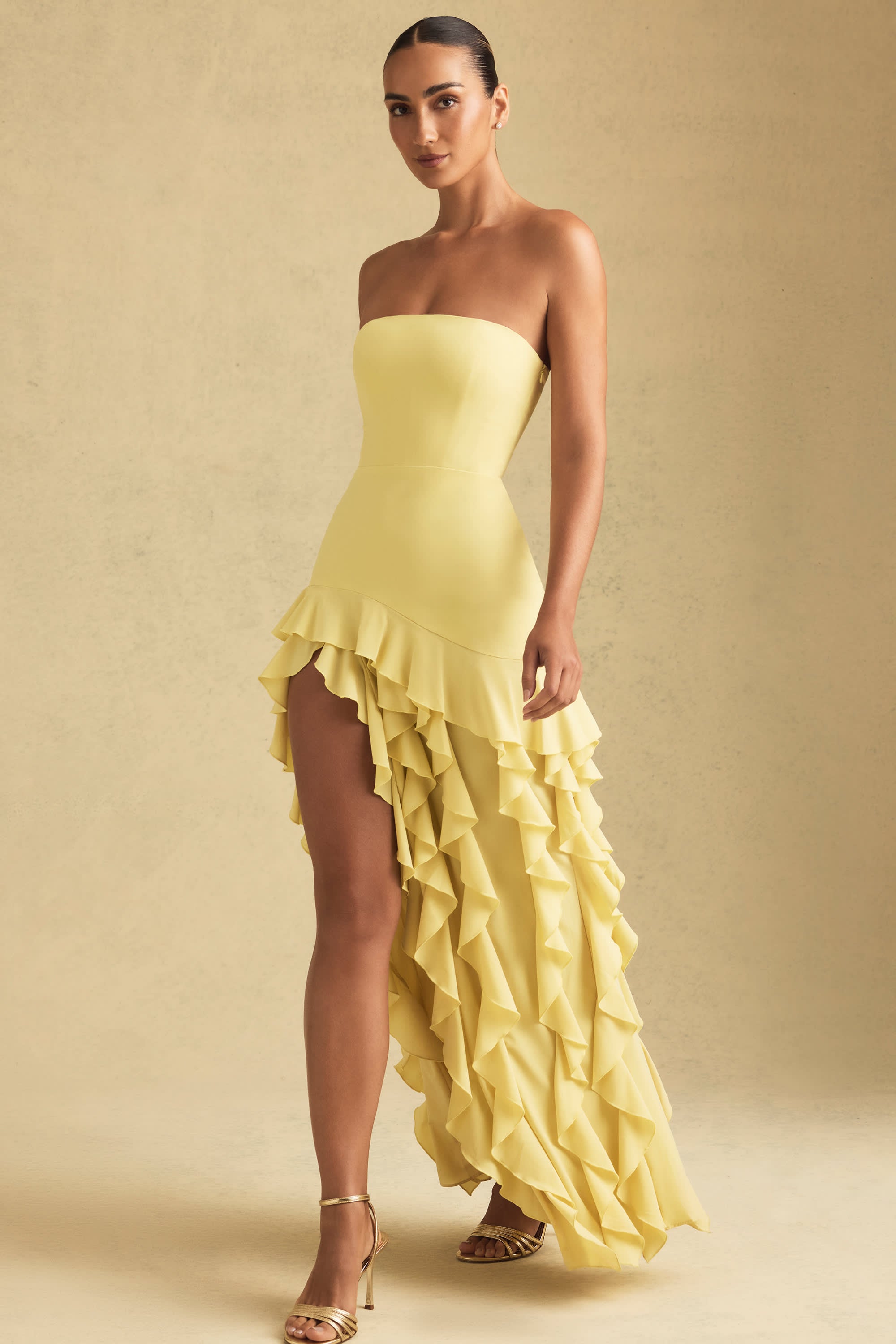 Diletta-Ruffle-Trim Strapless Gown in Pastel Yellow