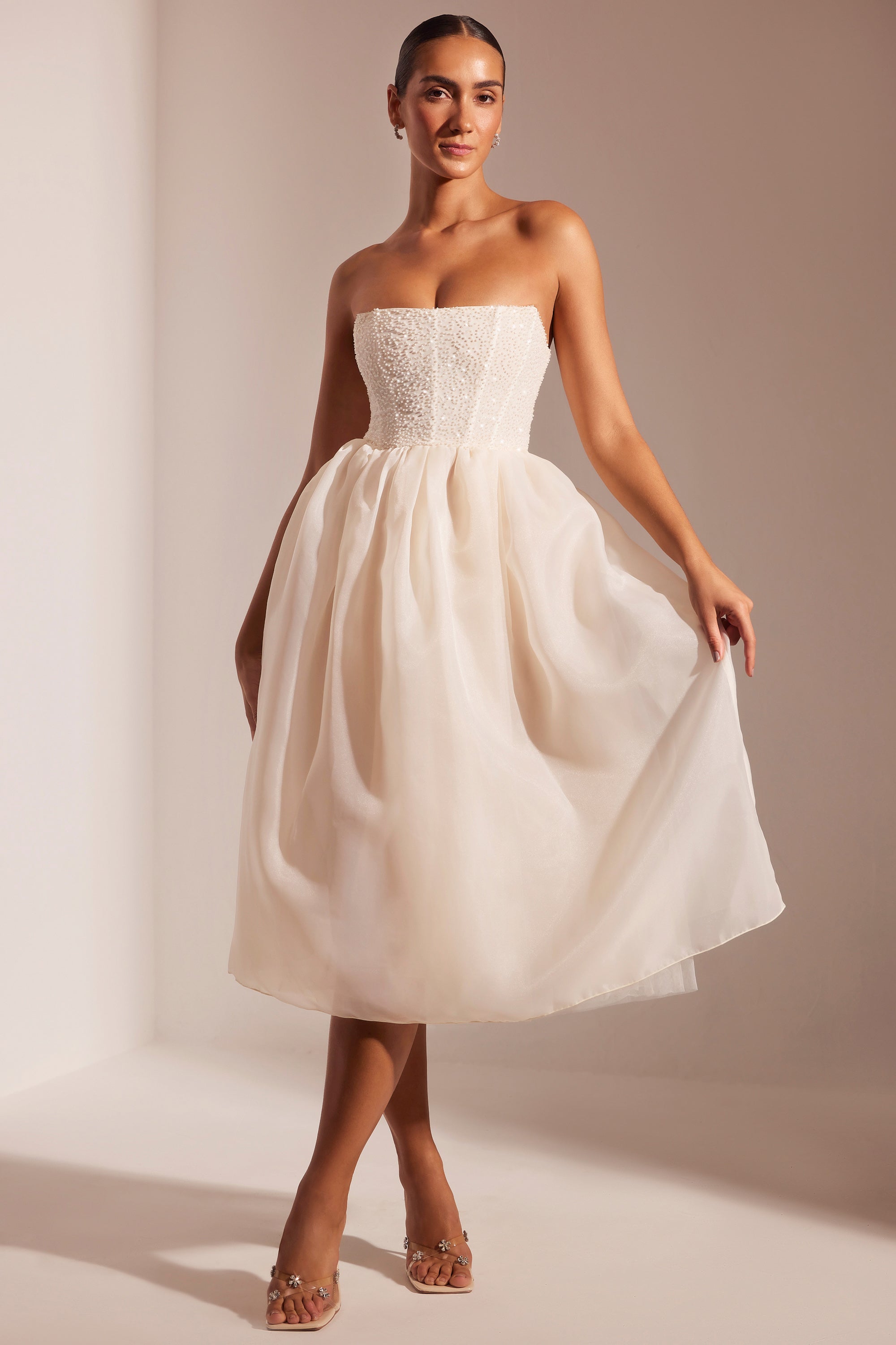 Rosette-Embellished Corset Tulle Skirt Midi Dress in Ivory