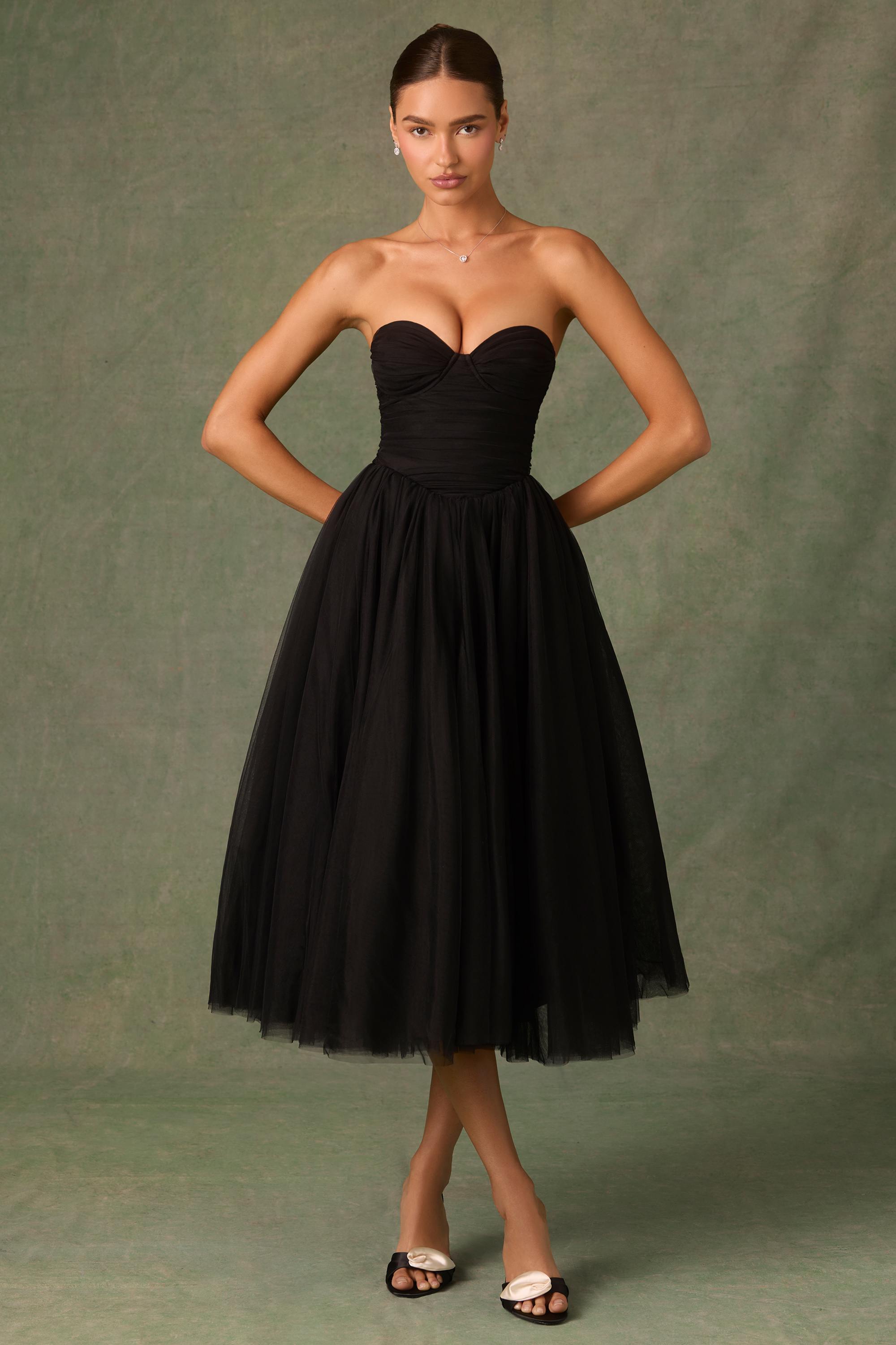Cindy-Tulle Corset Midaxi Dress in Black