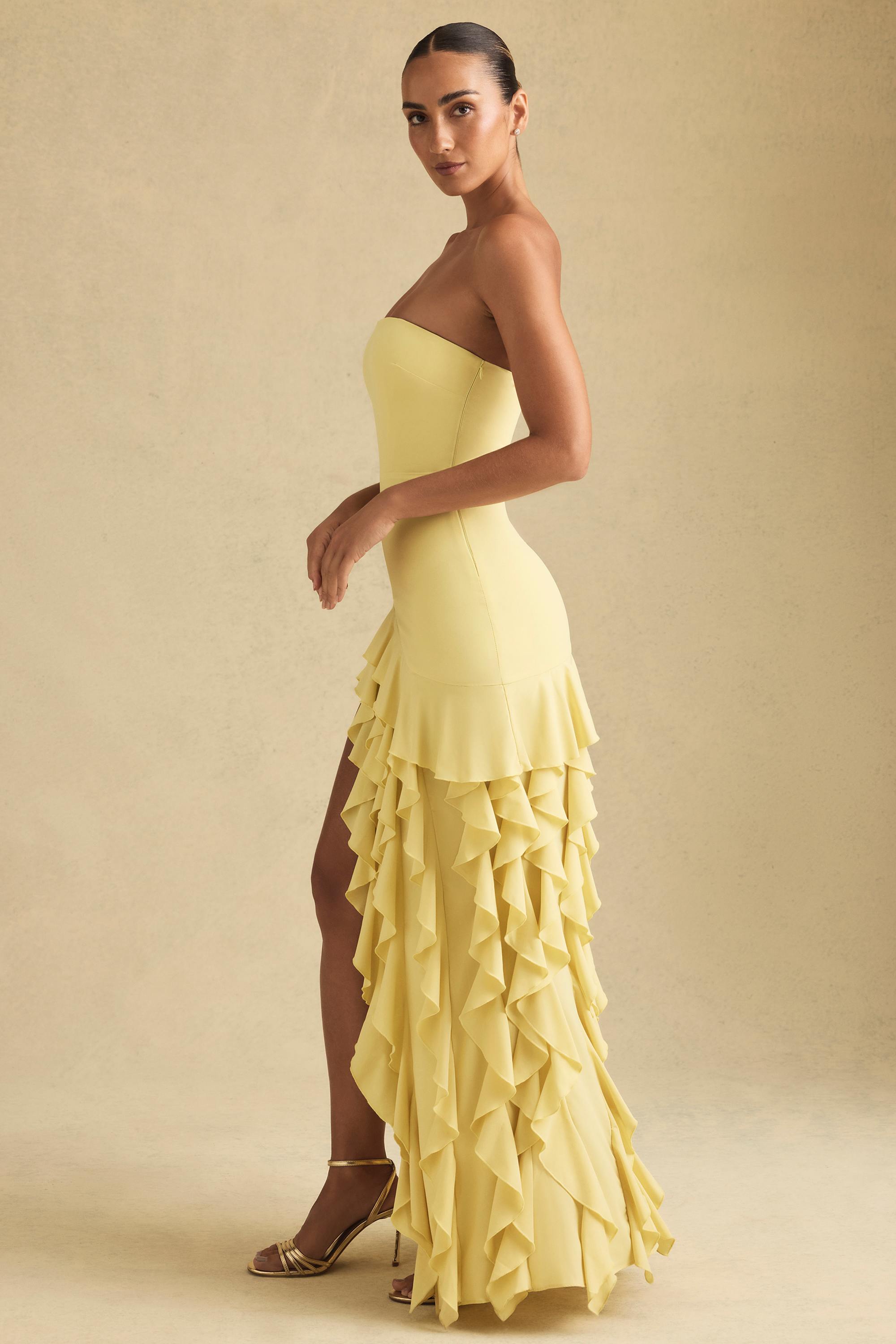 Diletta-Ruffle-Trim Strapless Gown in Pastel Yellow