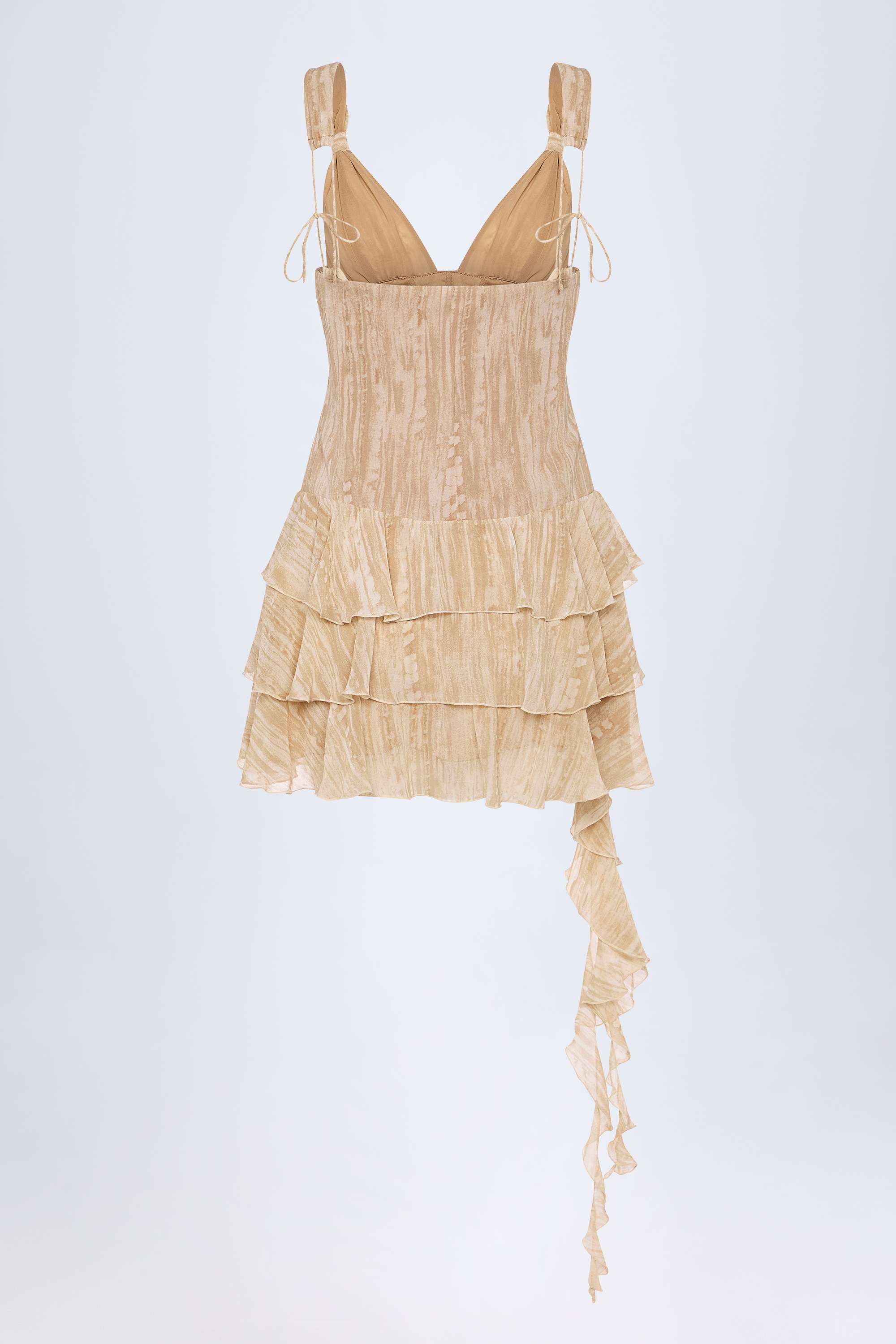 Toren-Lace-Up Ruffled Tiered Mini Dress in Tan Print